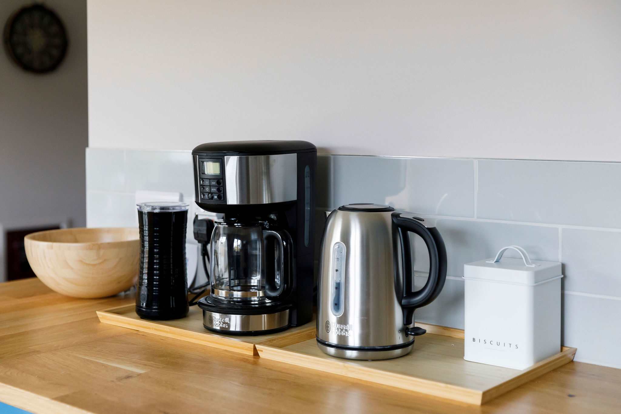 The home has a filter coffee machine, milk frother and kettle.