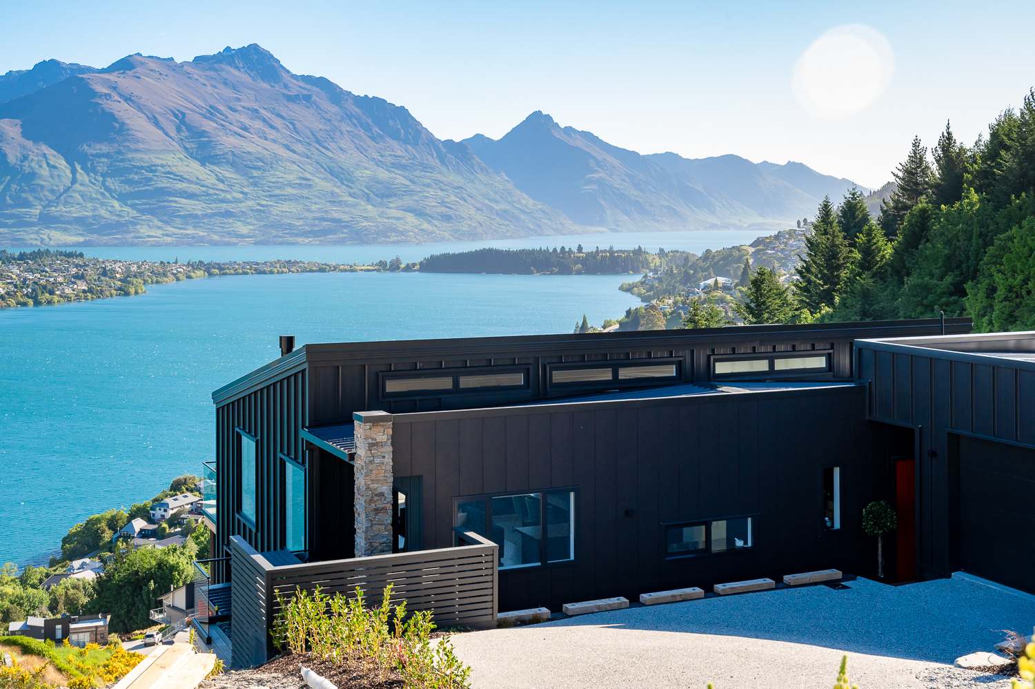 The spacious garage offering an overlooking lake and mountain view.