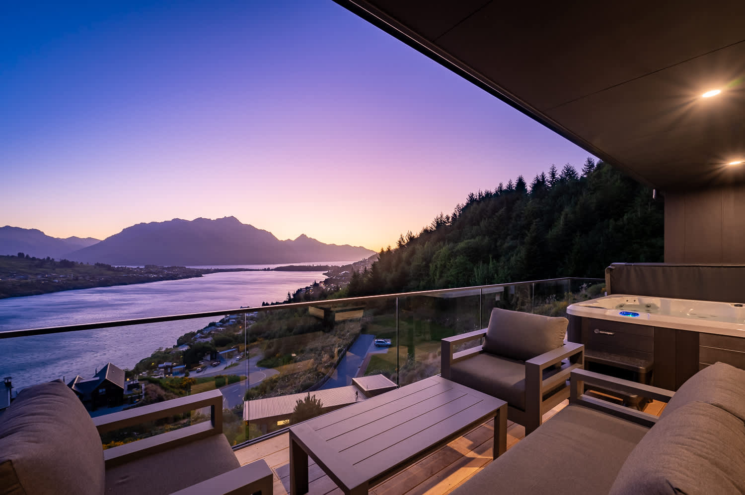 Evening lake and mountain view at the balcony