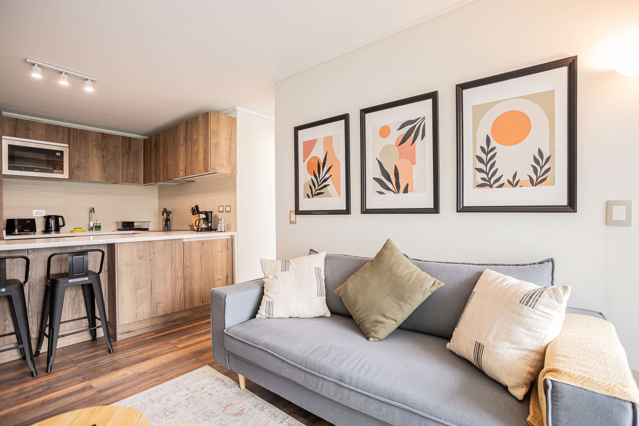 Chic and cozy living space with modern kitchen—perfect for relaxing after exploring the vibrant city of Santiago.
