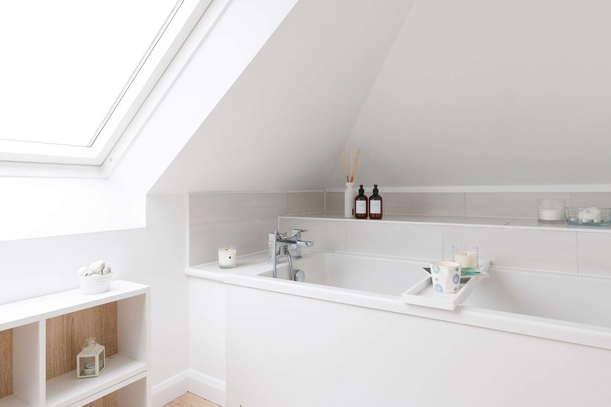 The upstairs bathroom has a bath.