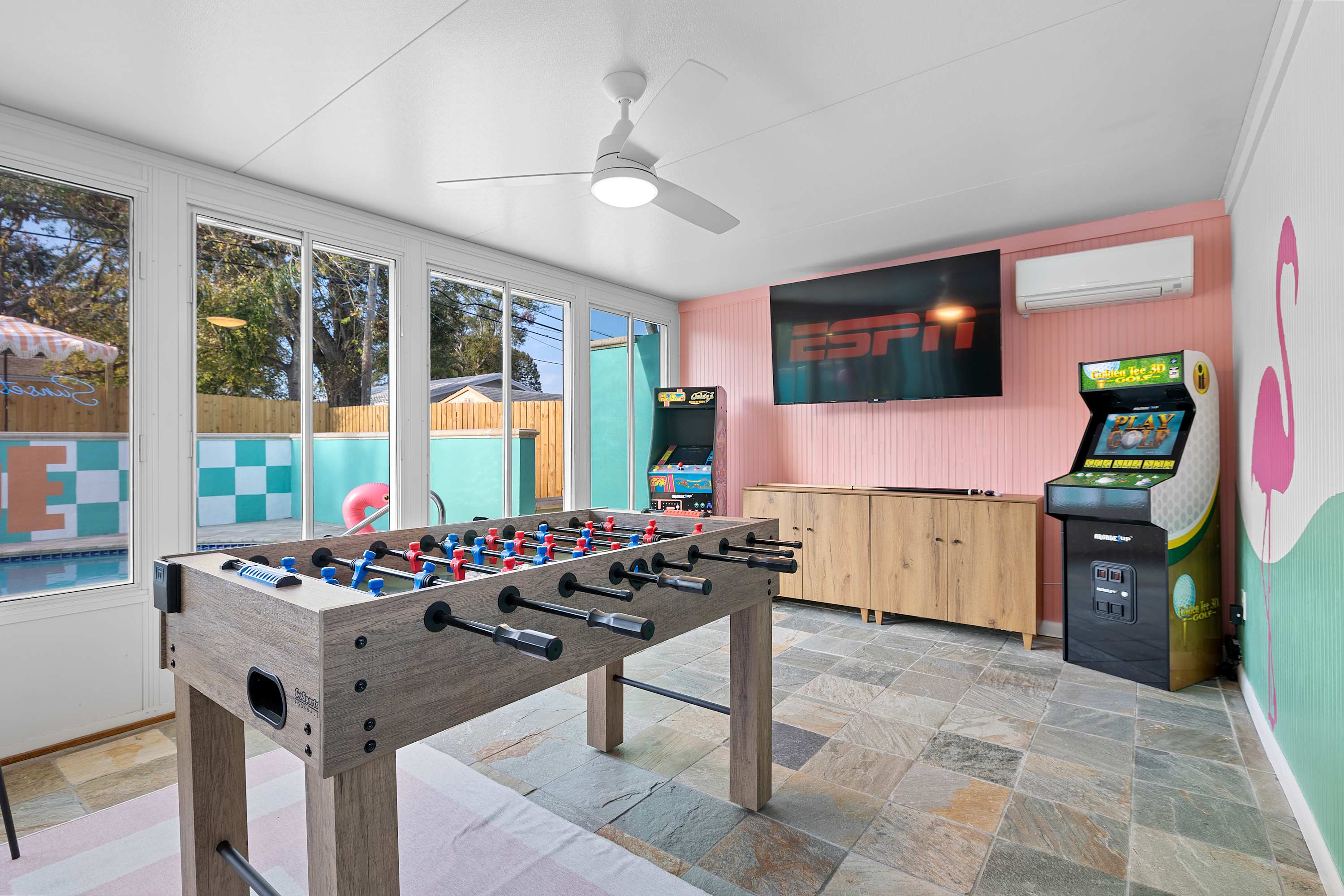 Fun recreation space w/ bold colors and room to play together.