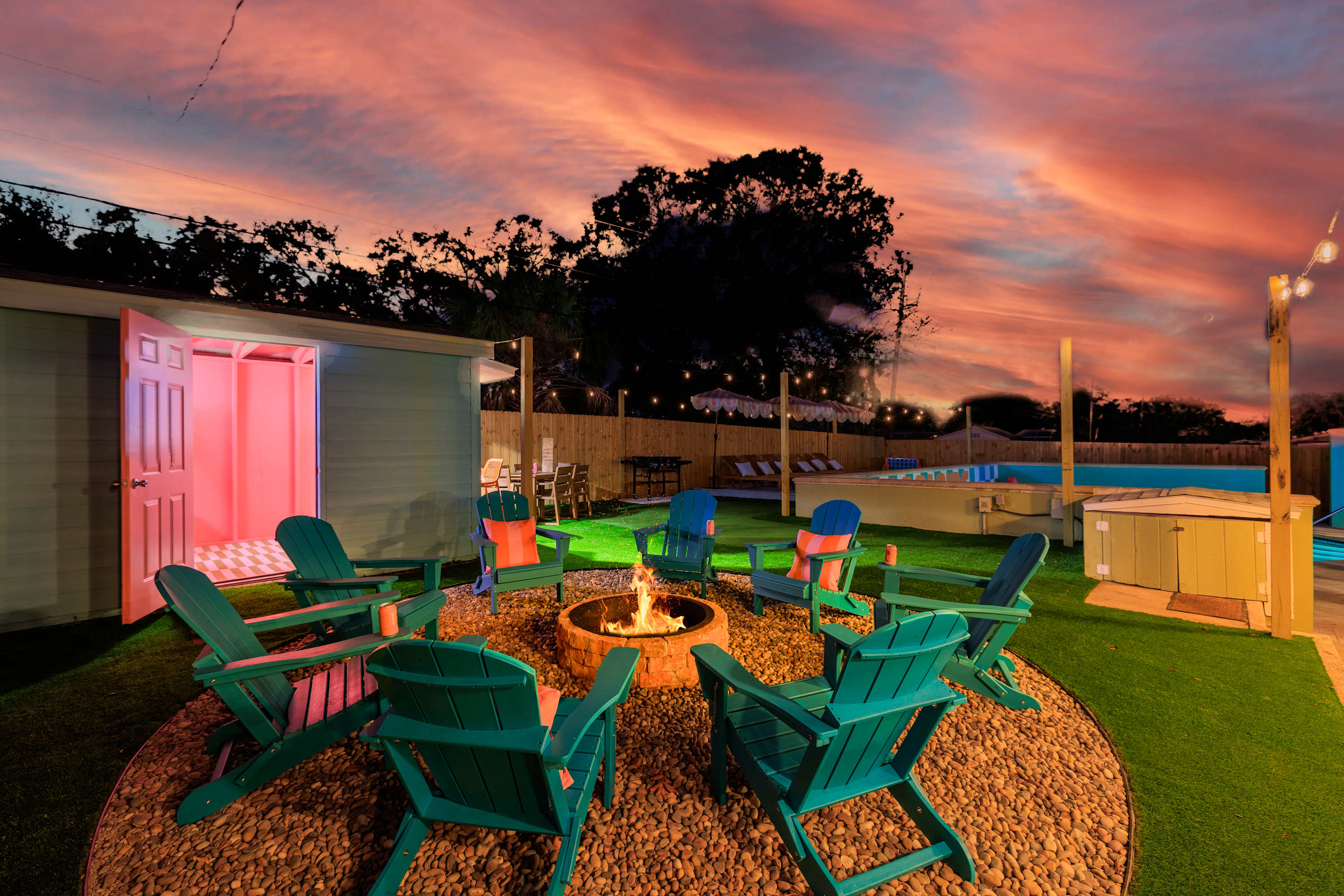 Colorful patio scene glowing at sunset, ideal for winding down outside.