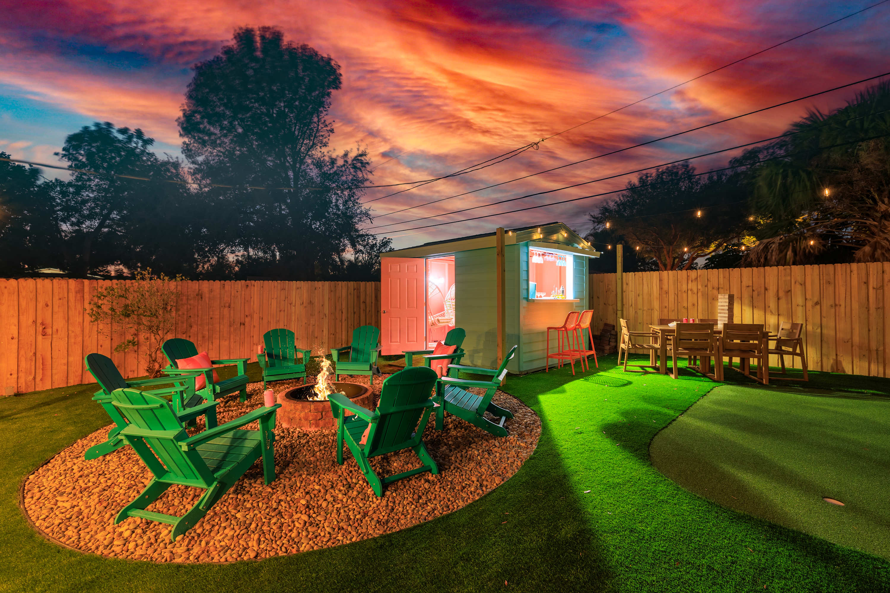 Firepit gathering area glowing at dusk, perfect for cozy nights outdoors.