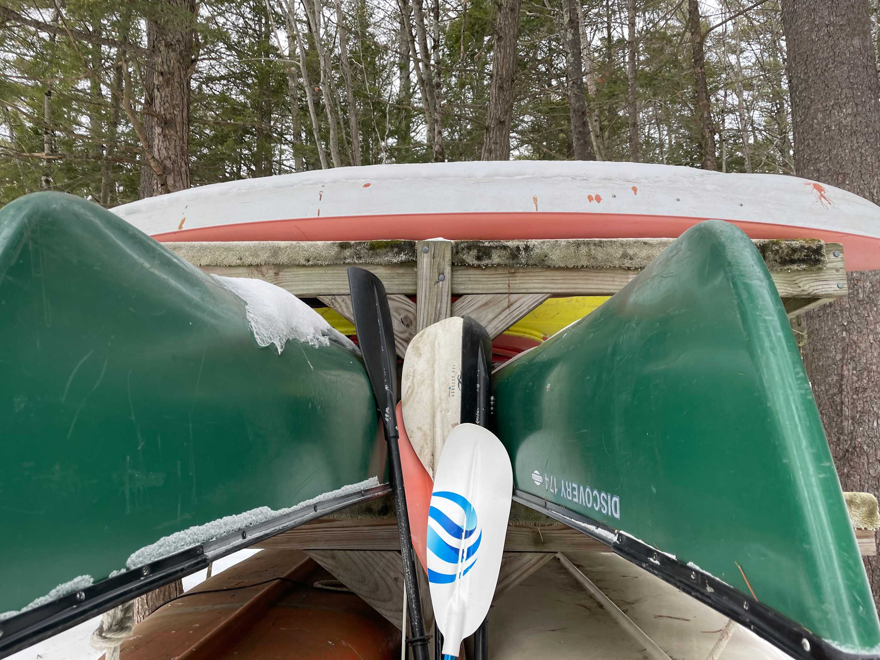 A flotilla of canoes, kayaks, and SUPs available.