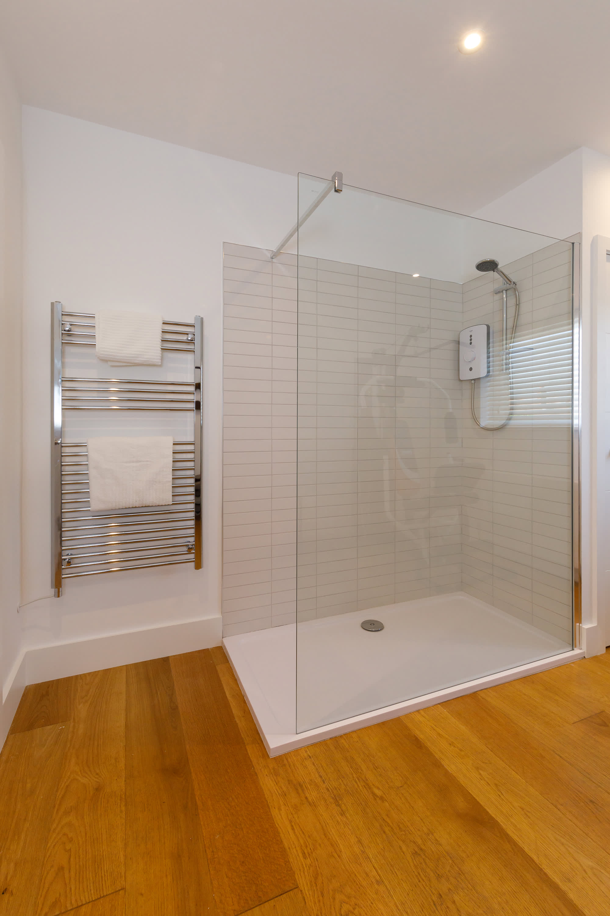 The spacious walk-in shower in the bathroom with wooden floors