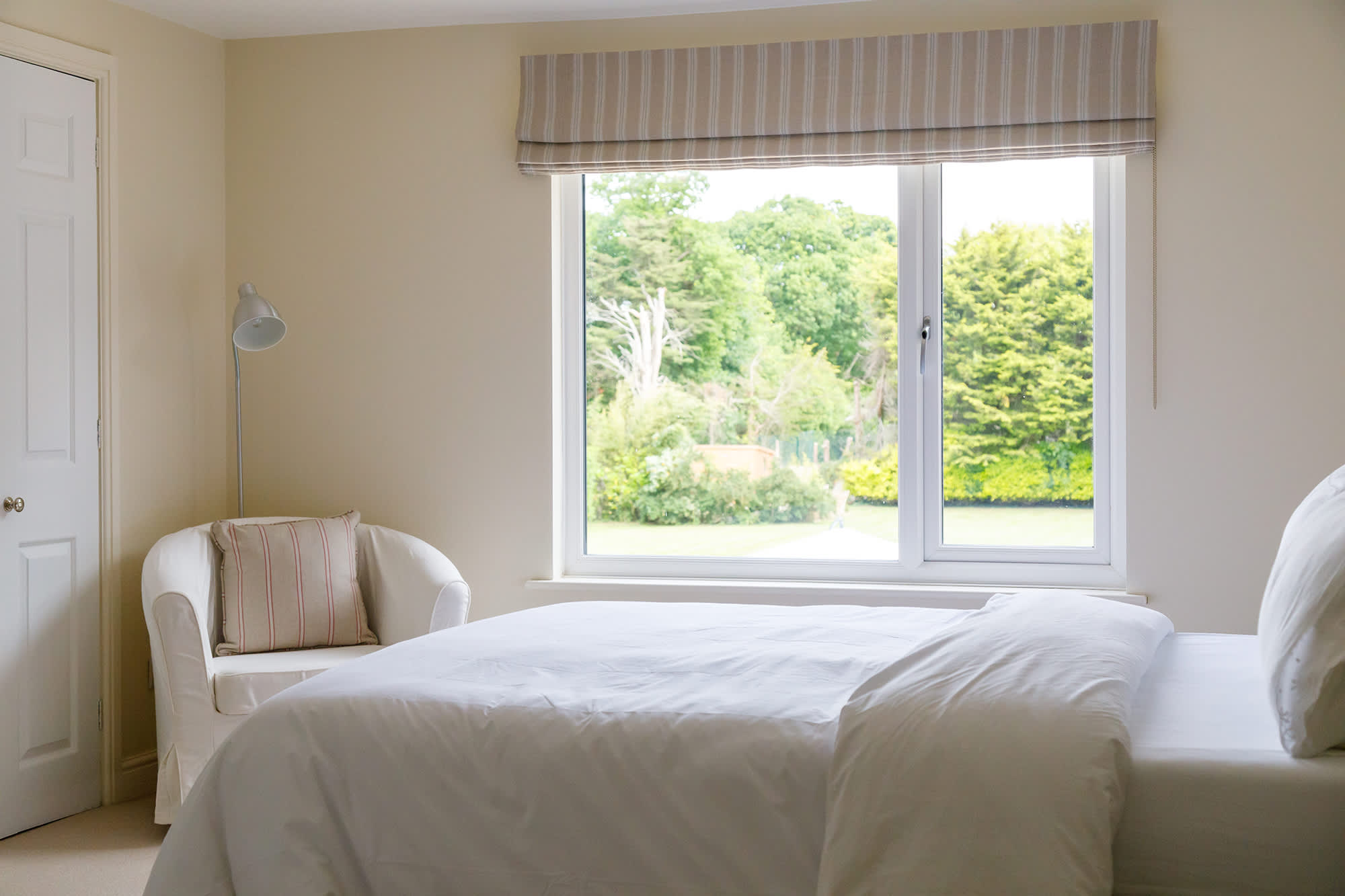 Look out to lush green surroundings.