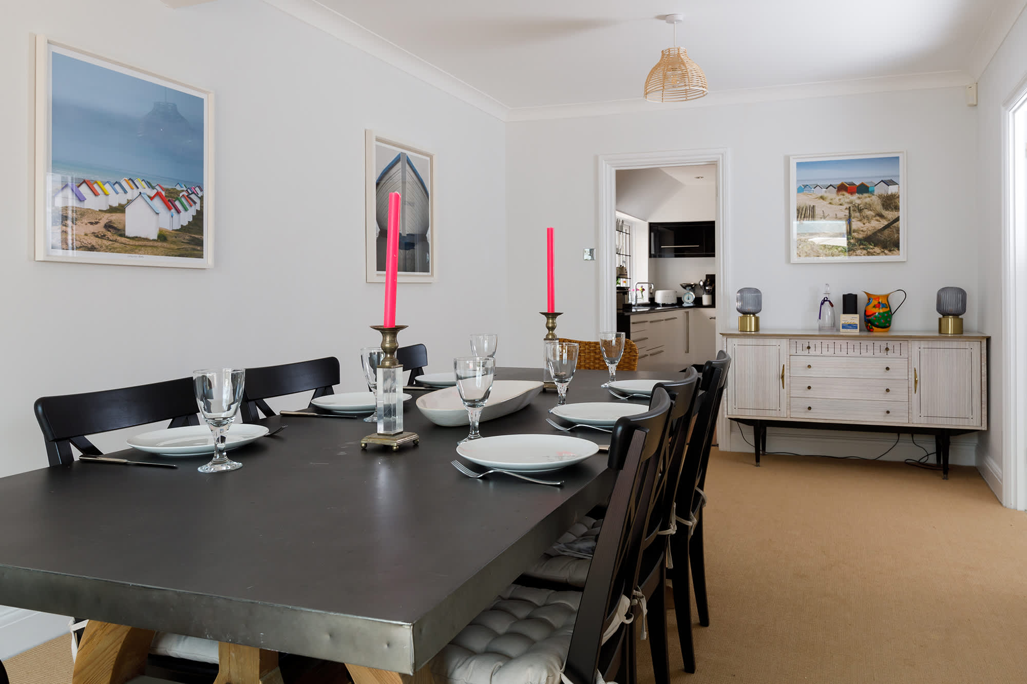 The dining room can seat up to 10 people.