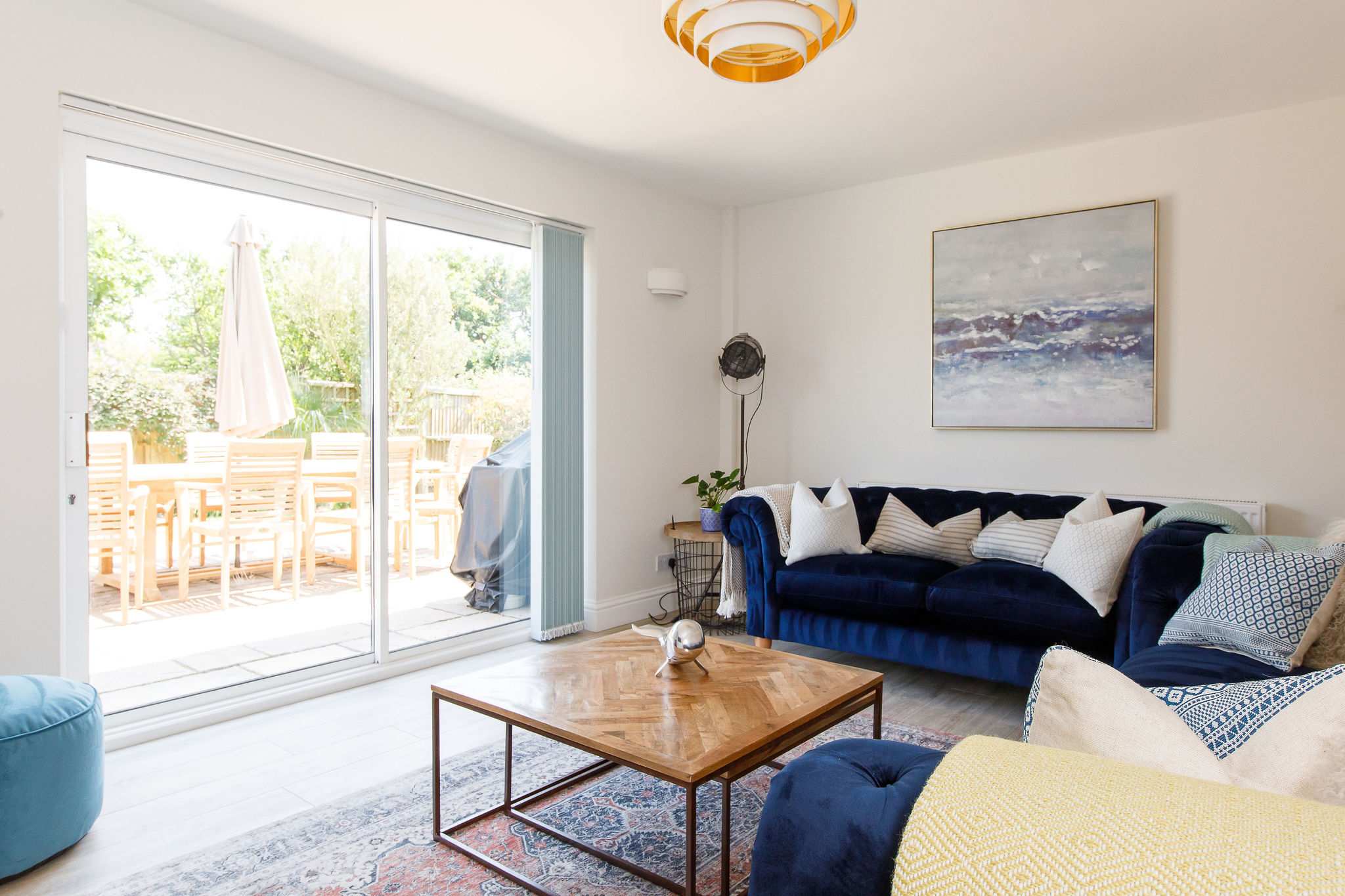 On warmer days, open the sliding doors to the patio.