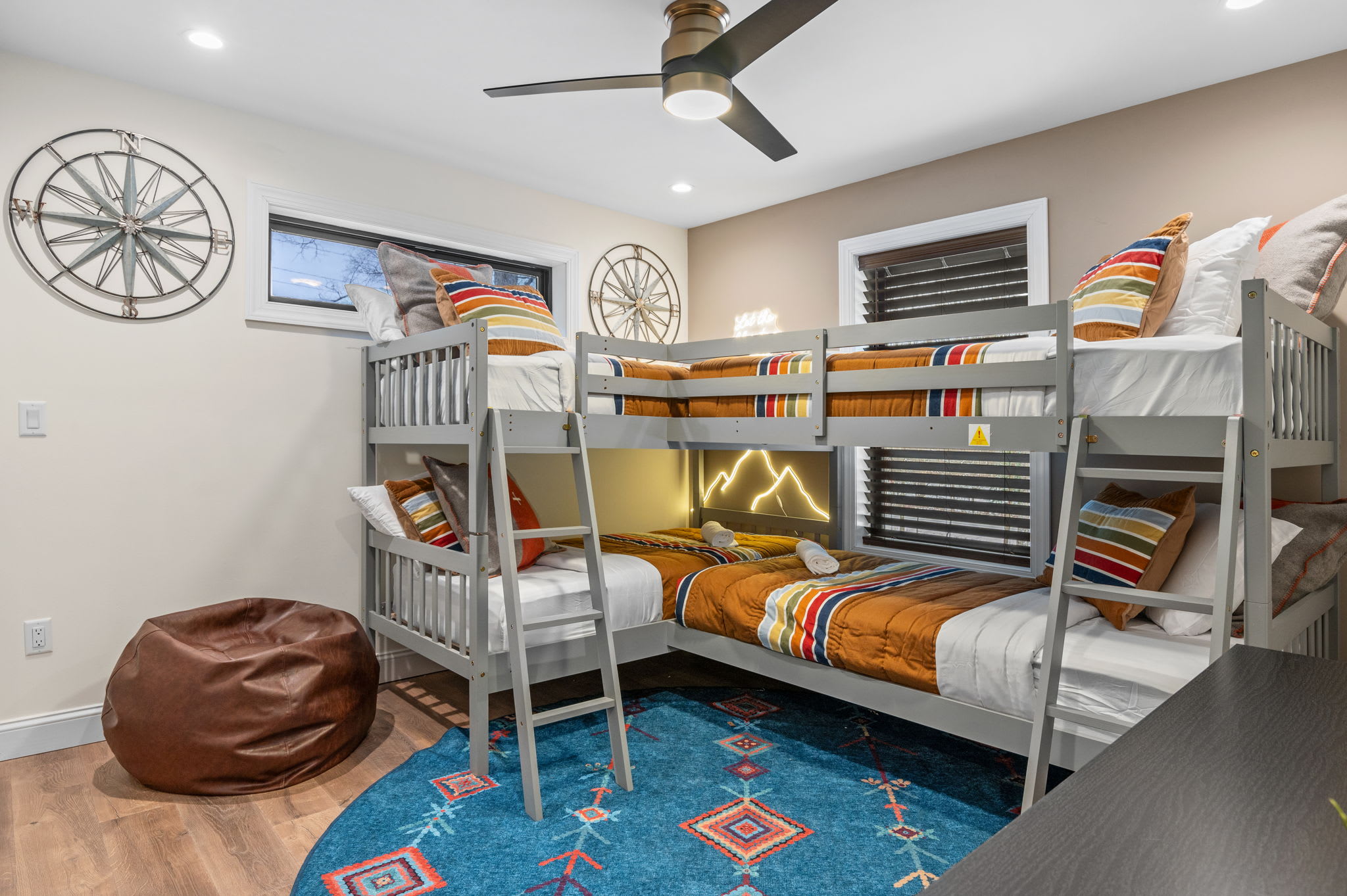 Another view of the bunk room reveals a bean bag and plenty of space, perfect for the young at heart to kick back.