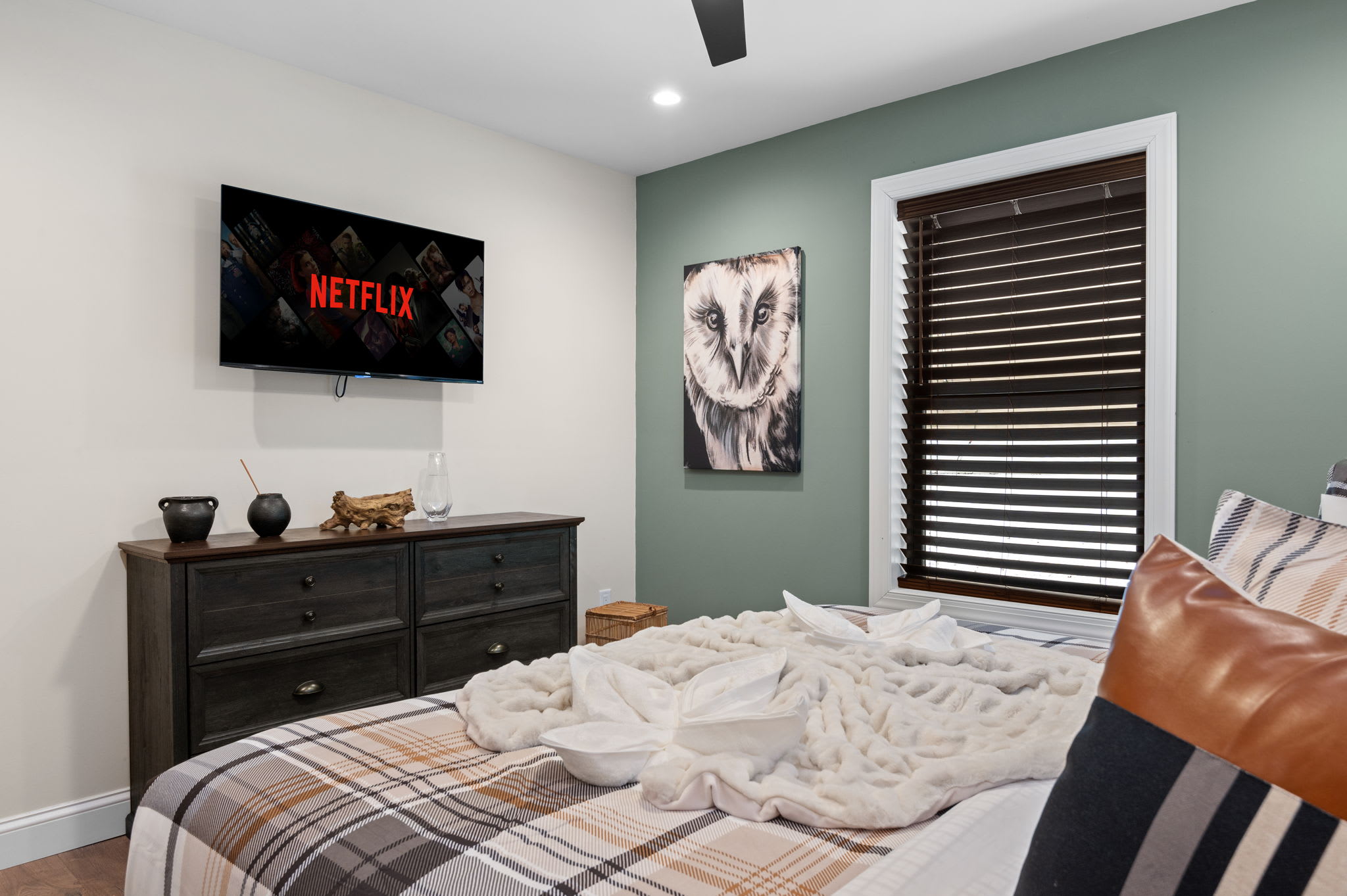Soft green walls, owl artwork, and a cozy bed create a tranquil retreat, with a TV on hand for your favorite shows.