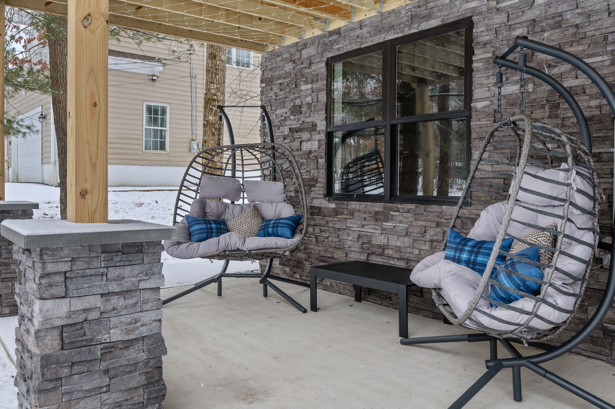 Curl up in these inviting egg chairs with soft cushions and enjoy the fresh mountain air in your own private nook.