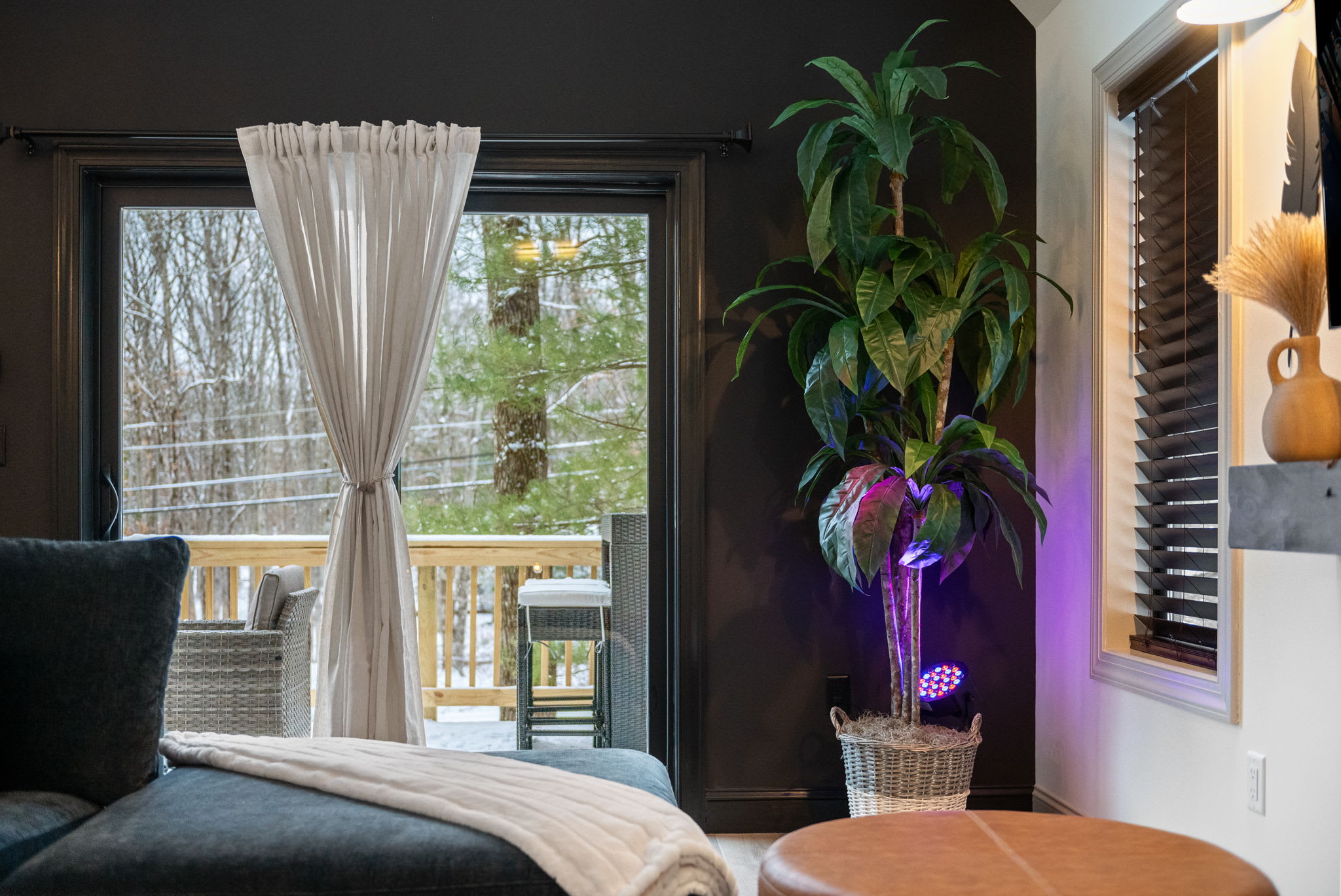 A closer look at the black accent wall reveals a seamless flow to the outdoor deck, while lush greenery and soft lighting bring nature’s calm indoors.