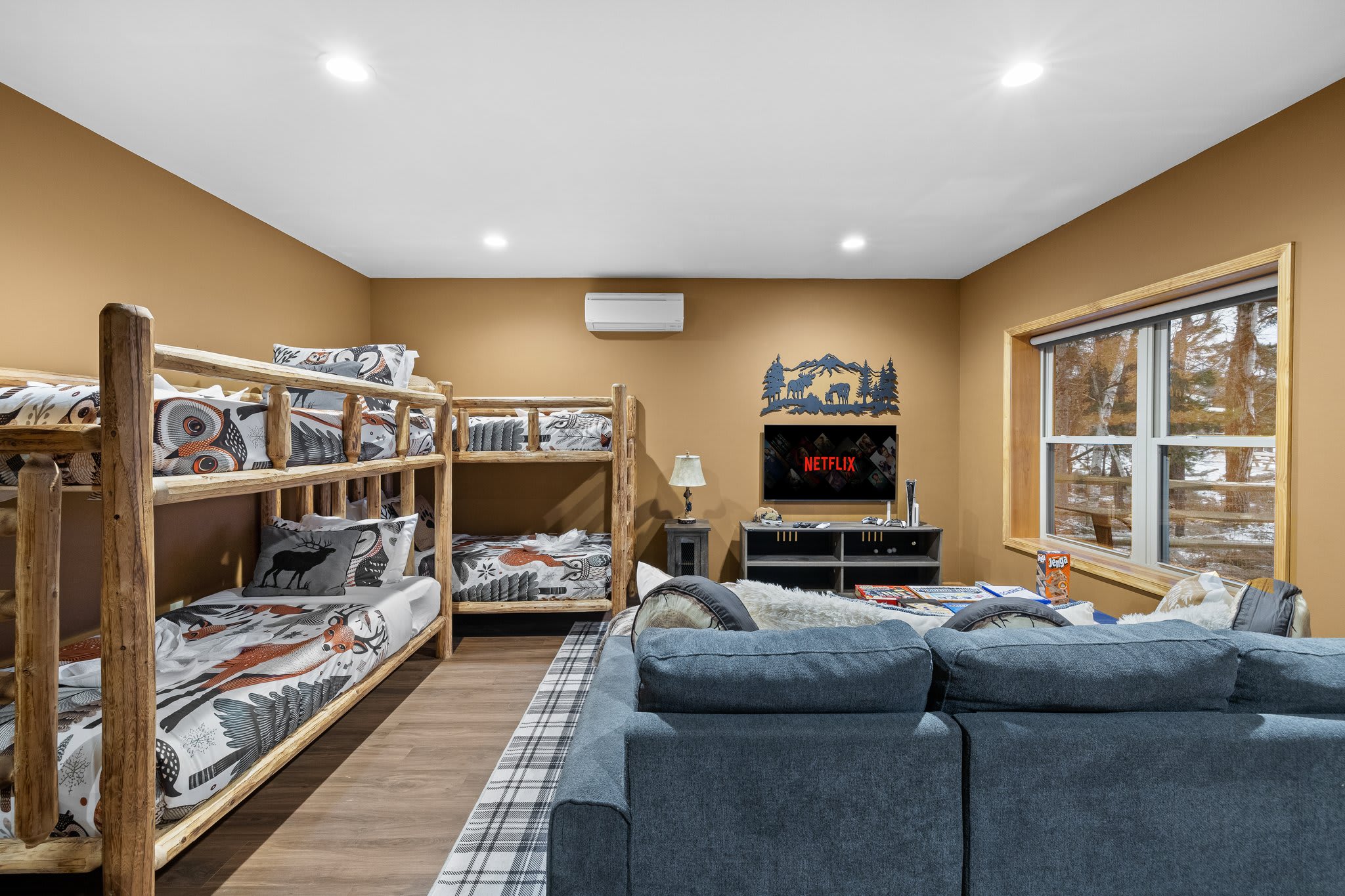 Bunk Room + Lounge Combo
Movie nights, game time, and sweet dreams all in one place. This space is a crowd favorite for group stays.