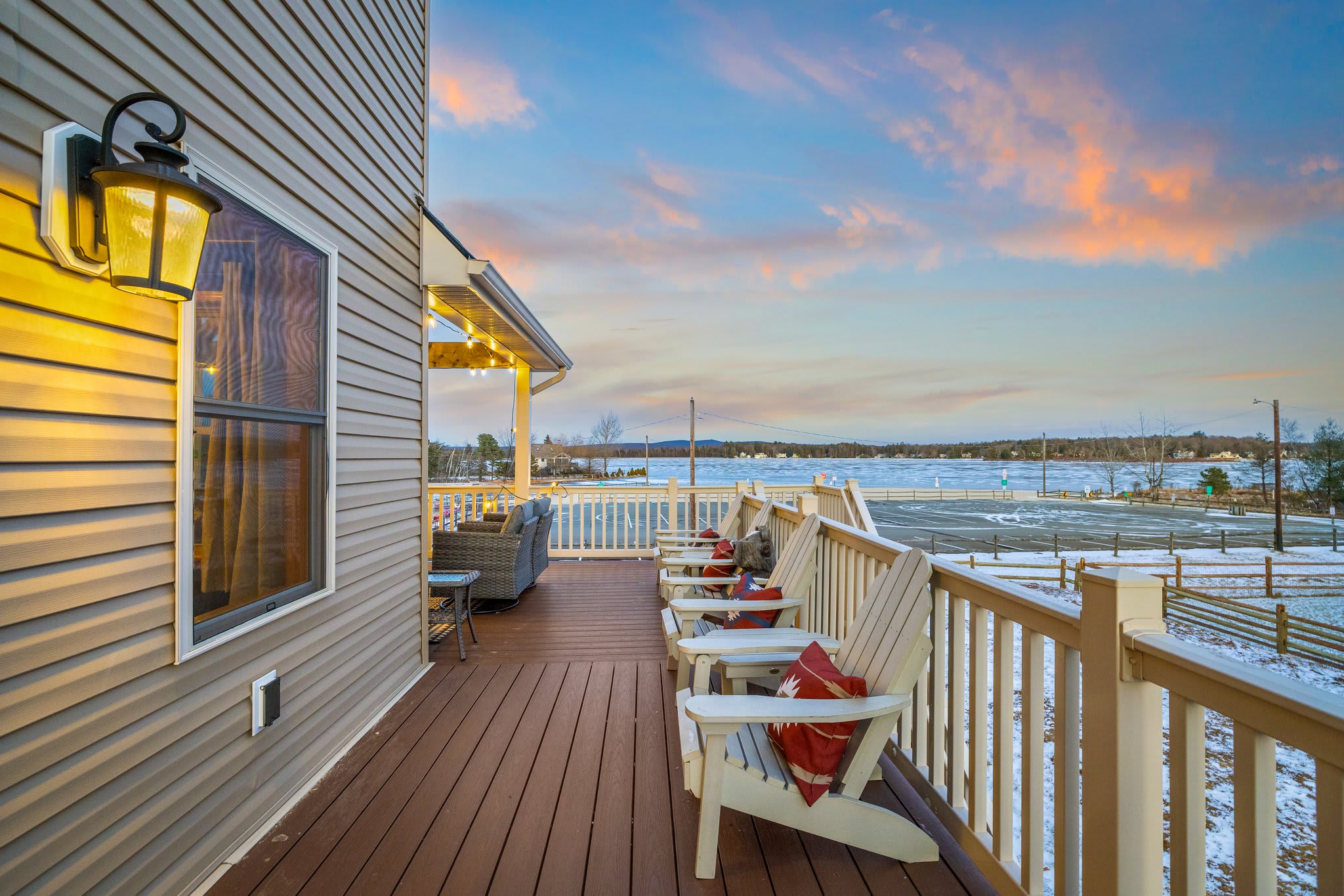 Adirondack chairs lined up to soak in lake views as the sky puts on a show. Perfect for morning coffee or an end-of-day wind down.