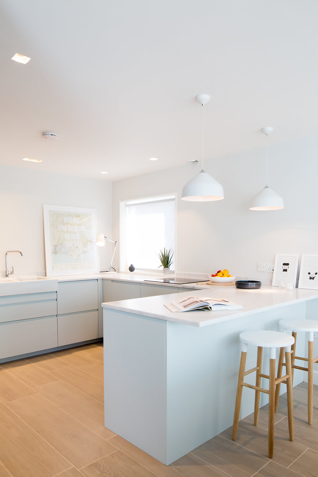 Stylish and spacious with pendant lighting.