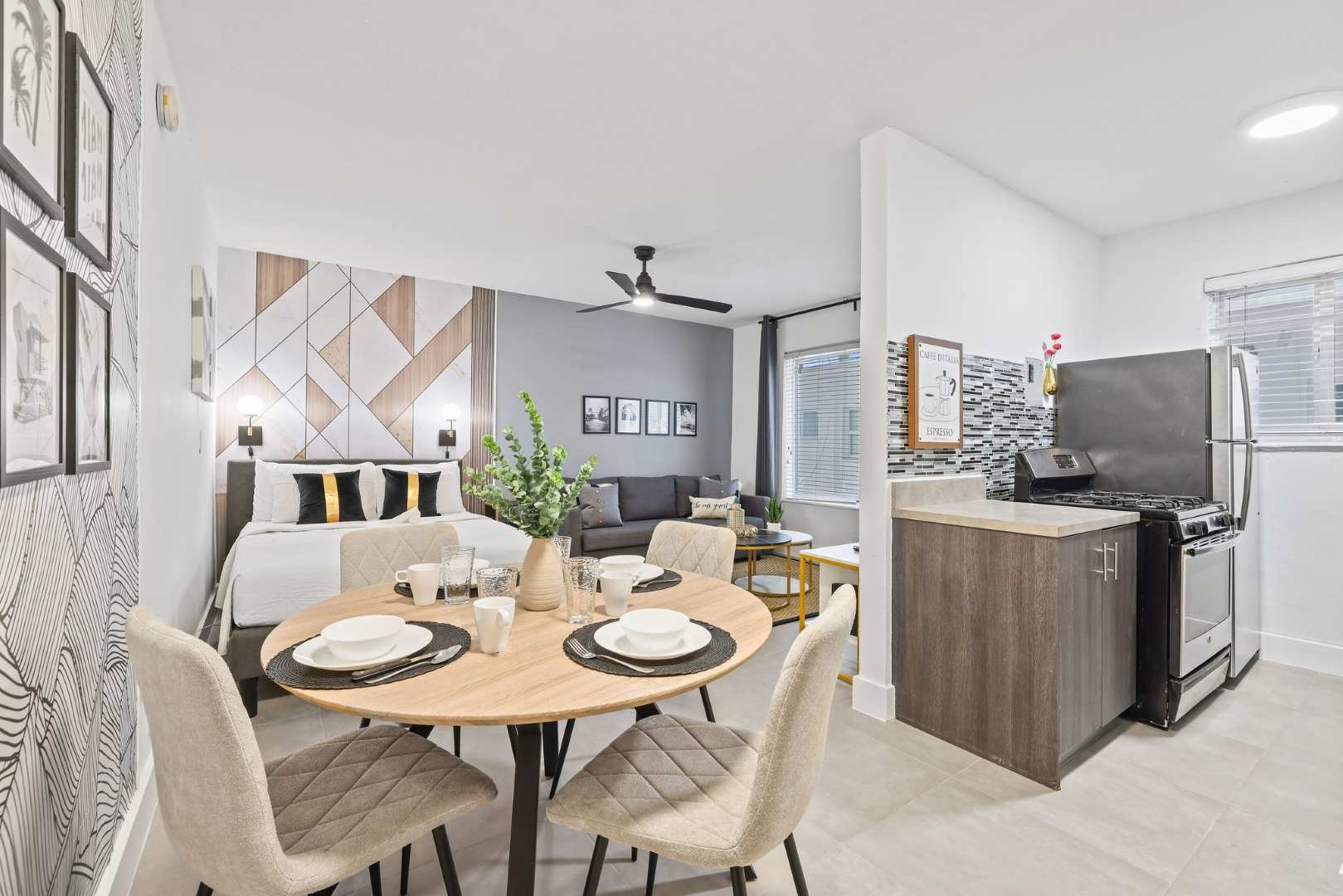 Chic studio with modern decor, open layout, and natural light—perfect for a stylish urban getaway!