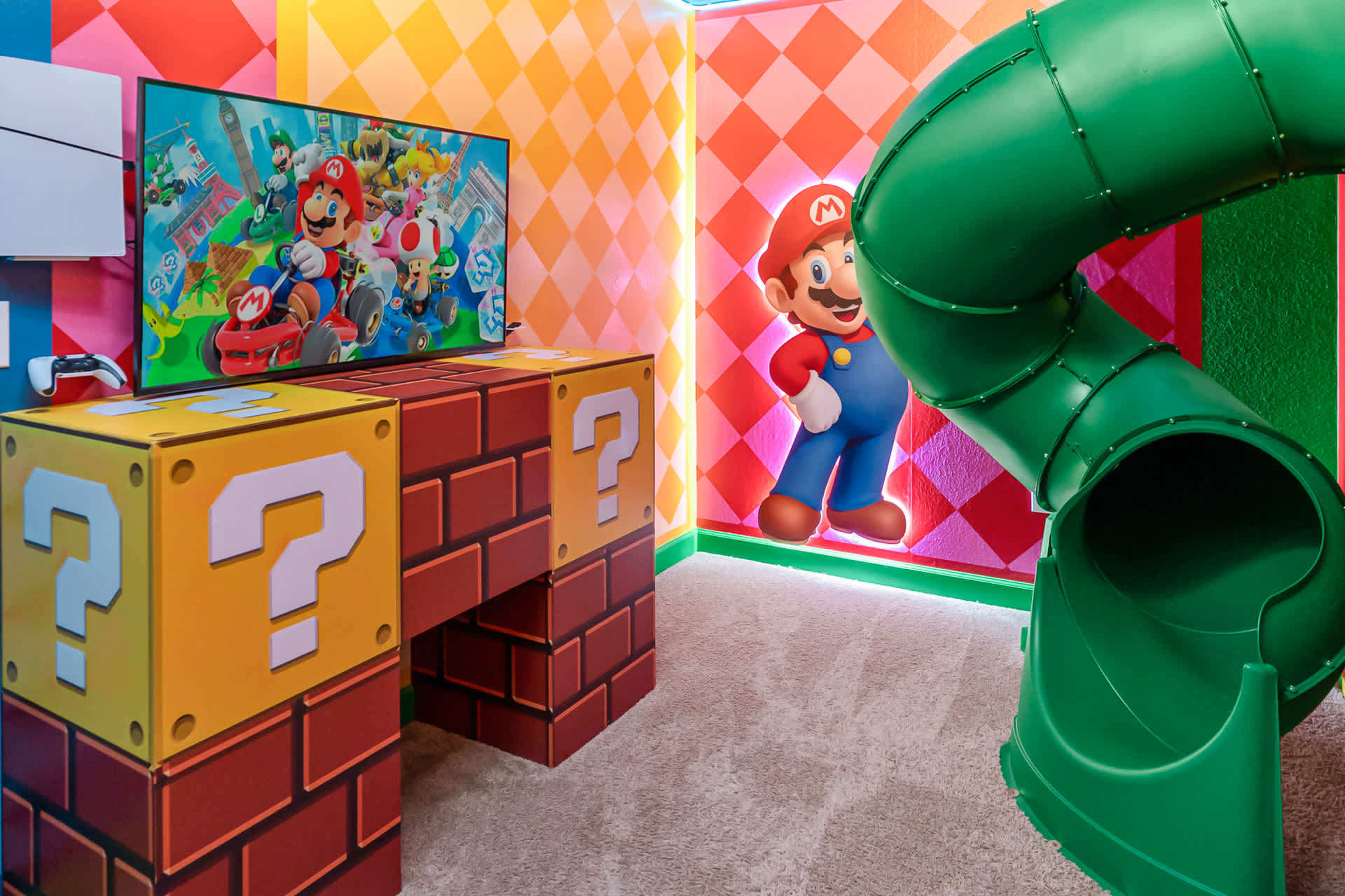Mario Bros Themed Bedroom with Bunkbed Slides and Game Console