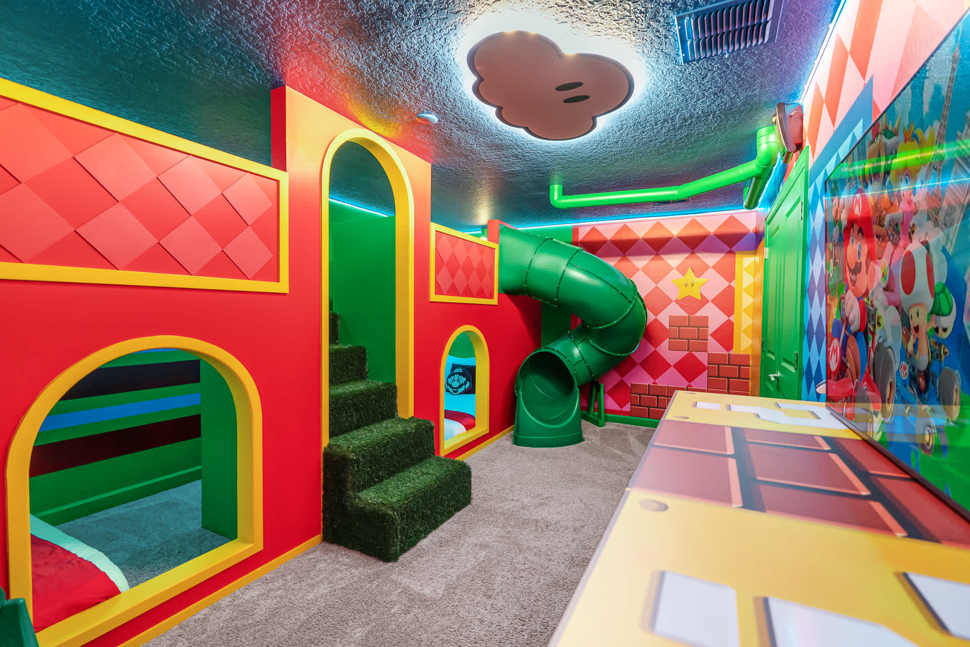 Mario Bros Themed Kids Room with Bunkbed Slides