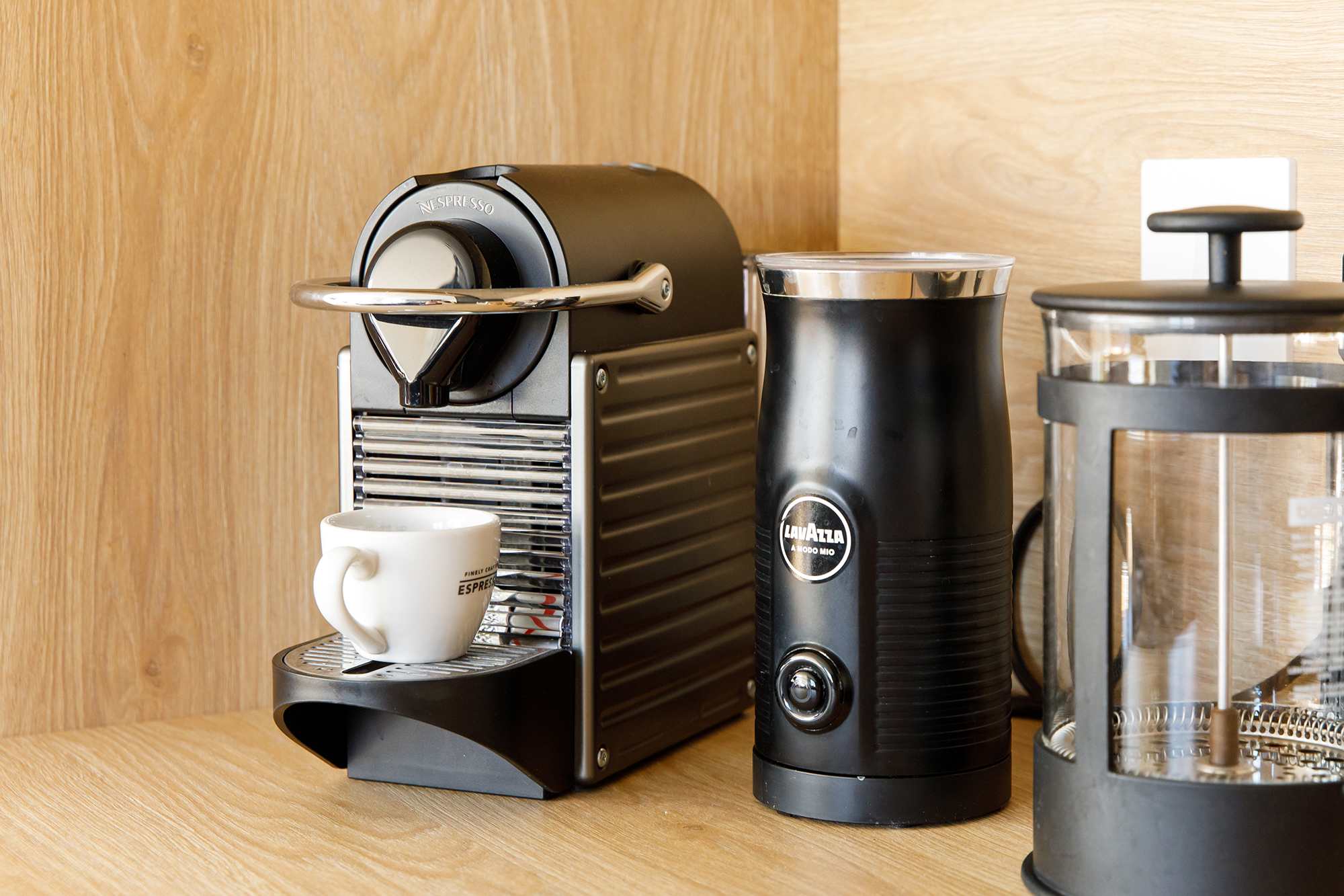 Fresh coffee anyone? You have the choice of a Nespresso or a cafetière Coffee.