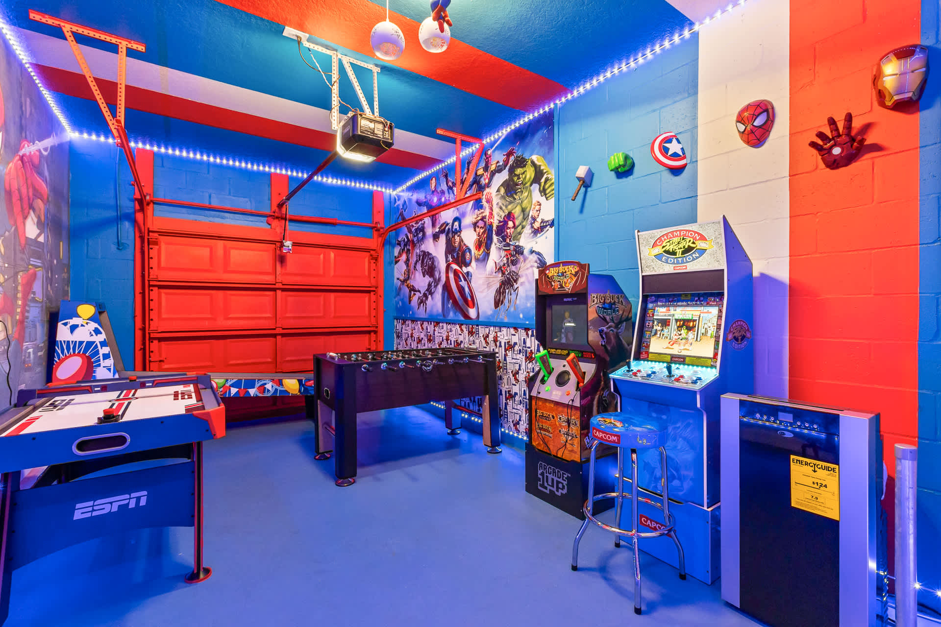 Superhero Themed Games Room with Foosball, Air Hockey, and Old School Arcade Games!