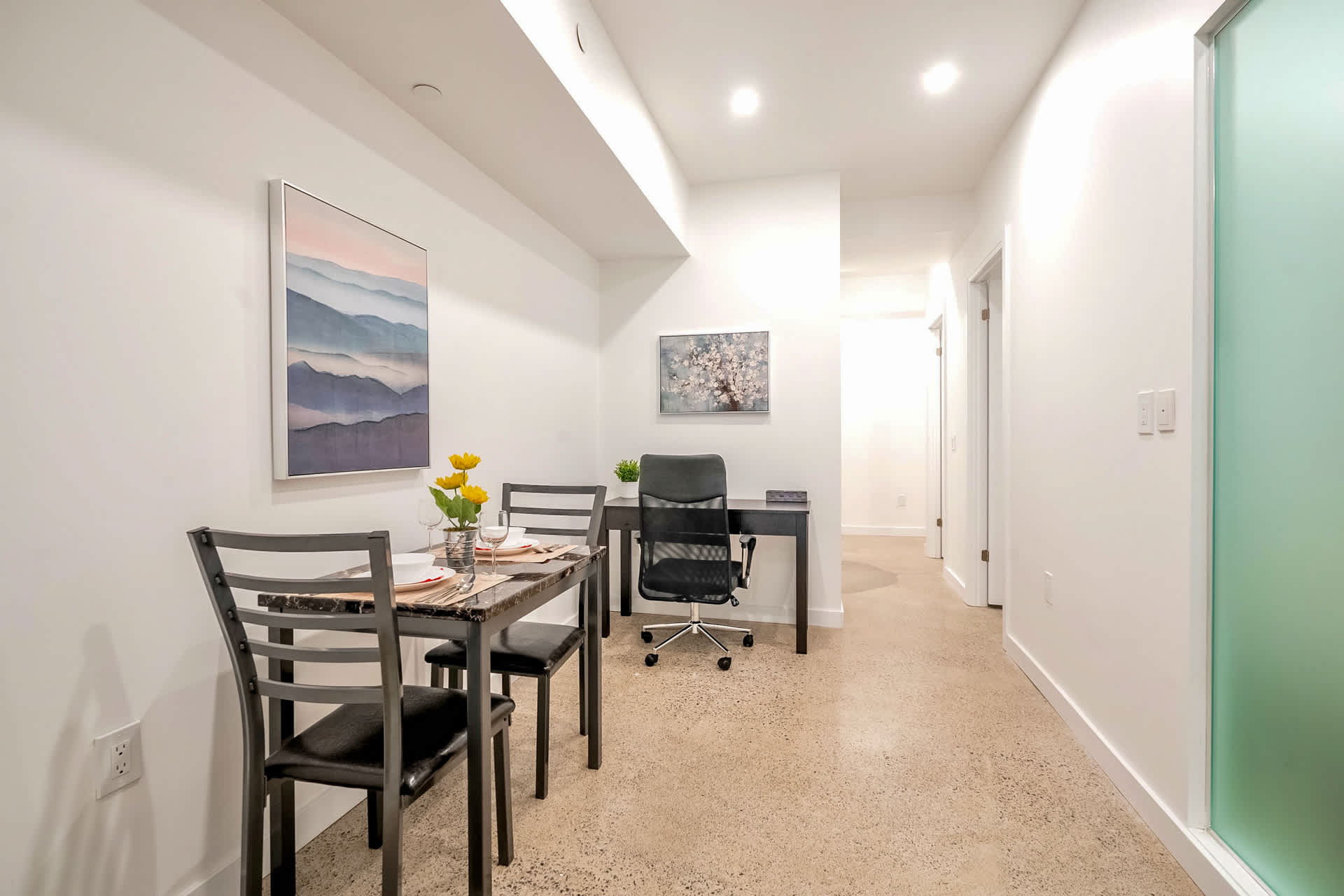 Dining area and work-friendly desk area
