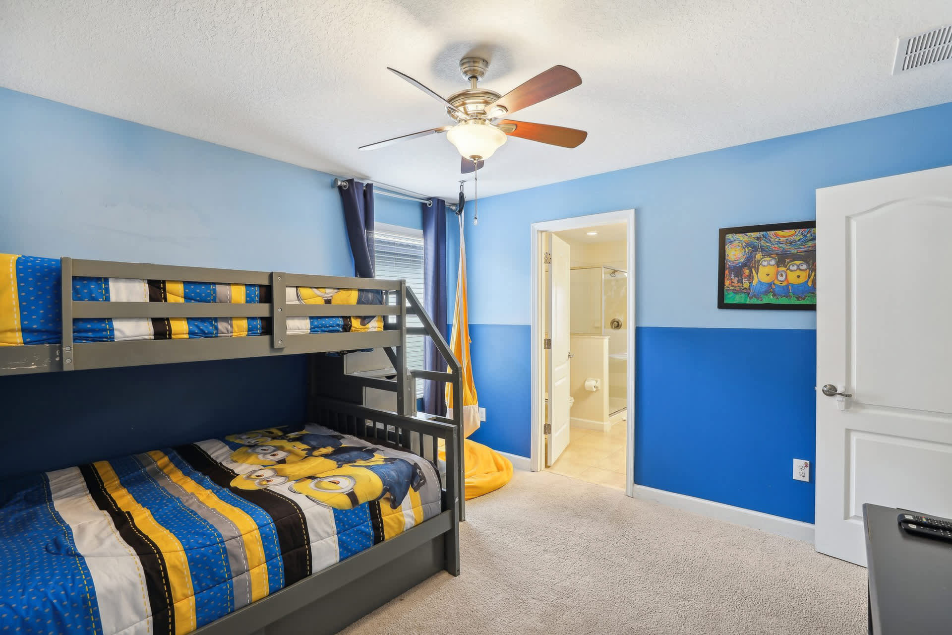 Minion Themed Bunk bedroom with shared bathroom 