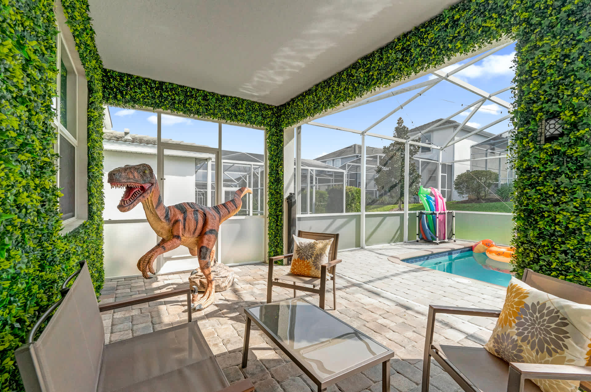 Covered outdoor patio with seating 