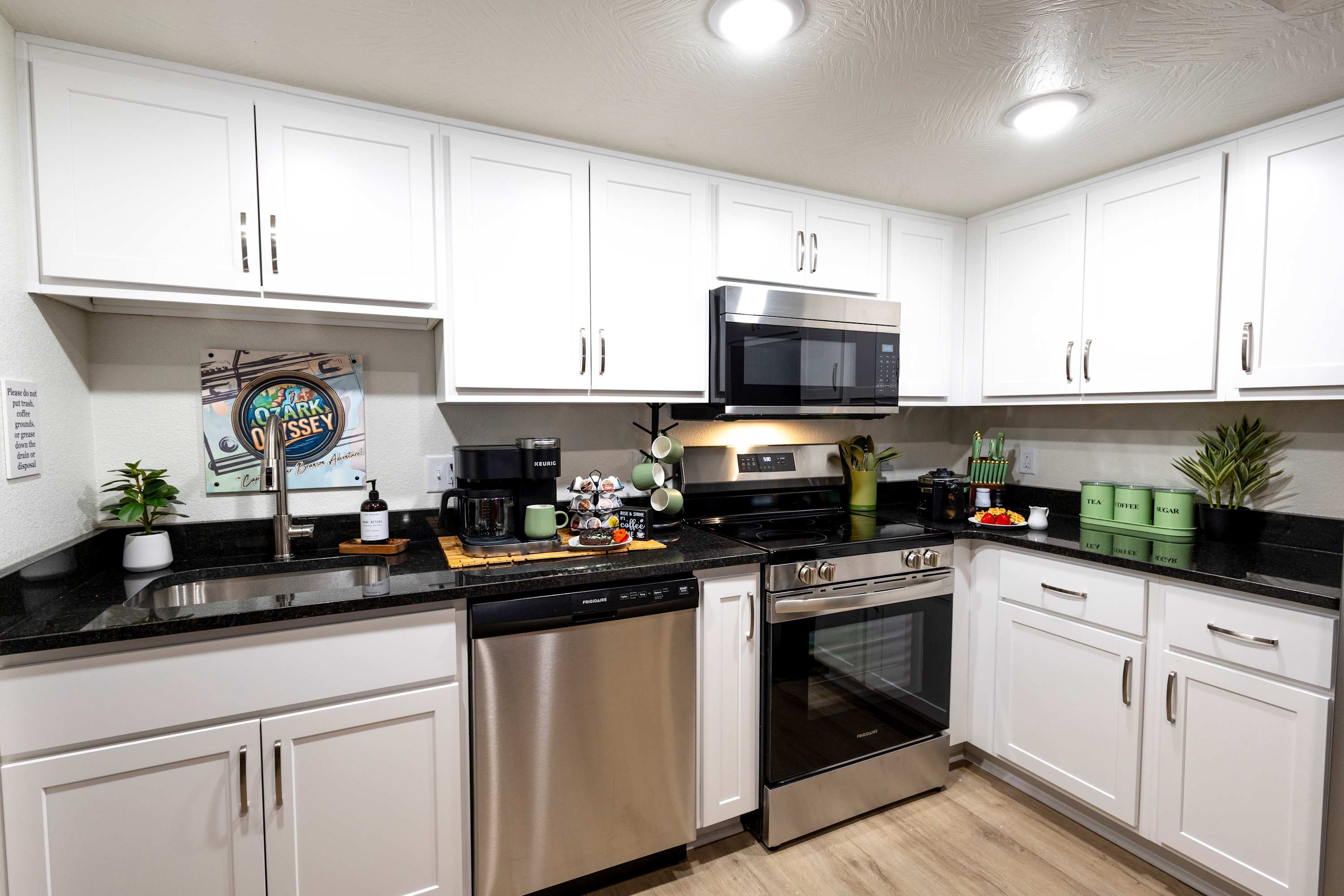 Ozark Odyssey has a modern, full-size kitchen with all brand new stainless appliances and everything you could need during your stay.