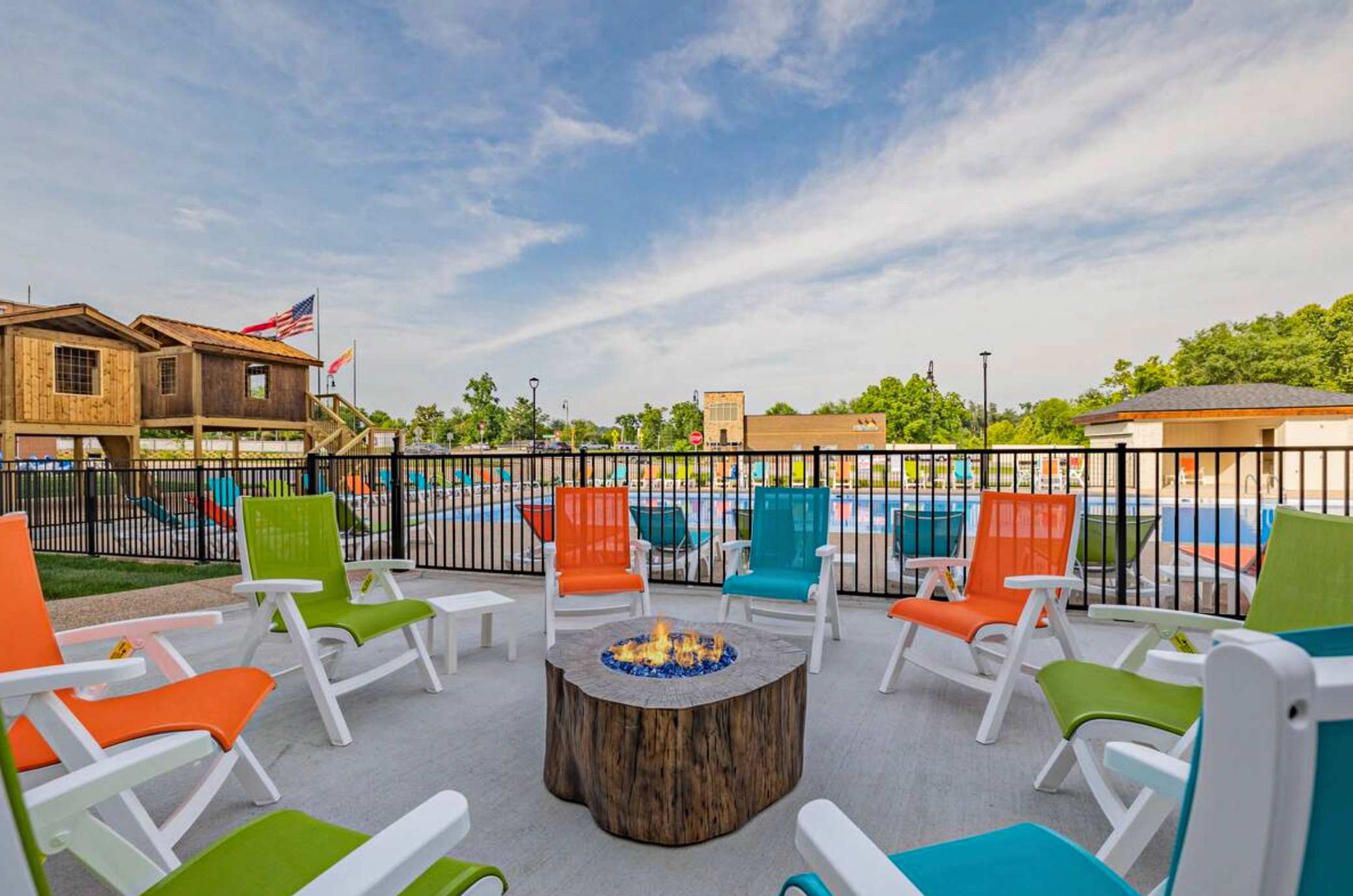 Firepit with lounge chairs for a relaxing evening around the fire with family and new friends.