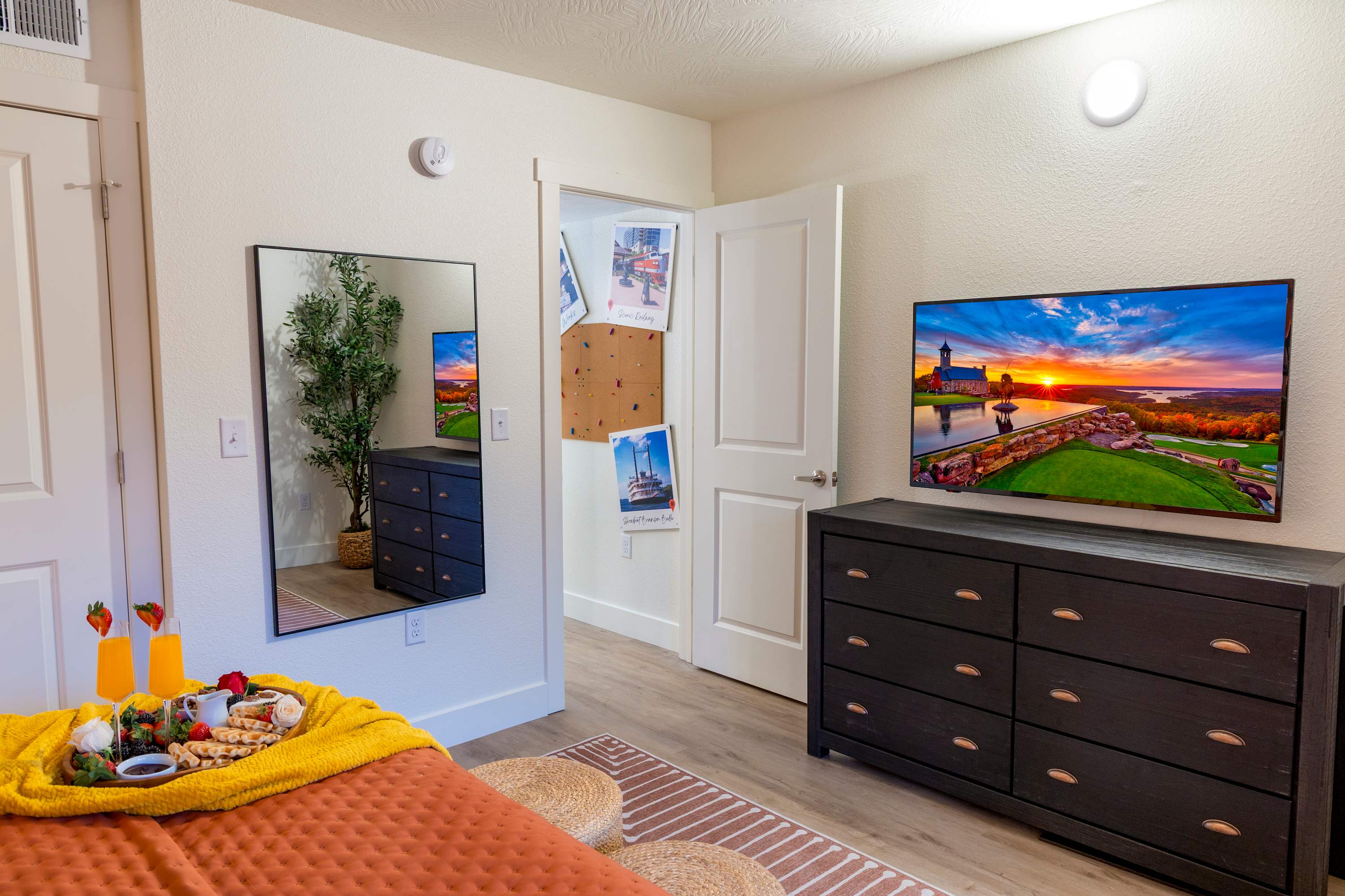 Take time to relax in bed and watch your favorite show on the large, flatscreen tv.