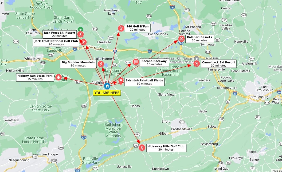 Location map with driving distances to popular nearby points of interest