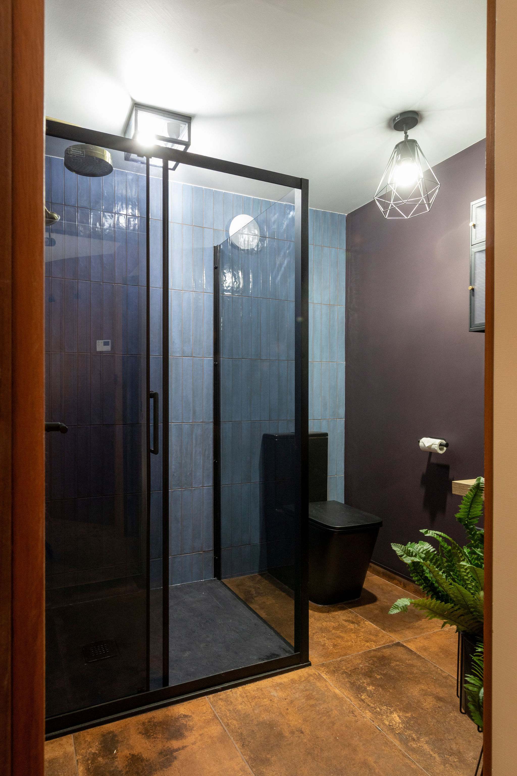 The stylish bathroom includes a large walk-in shower, WC, and sink.