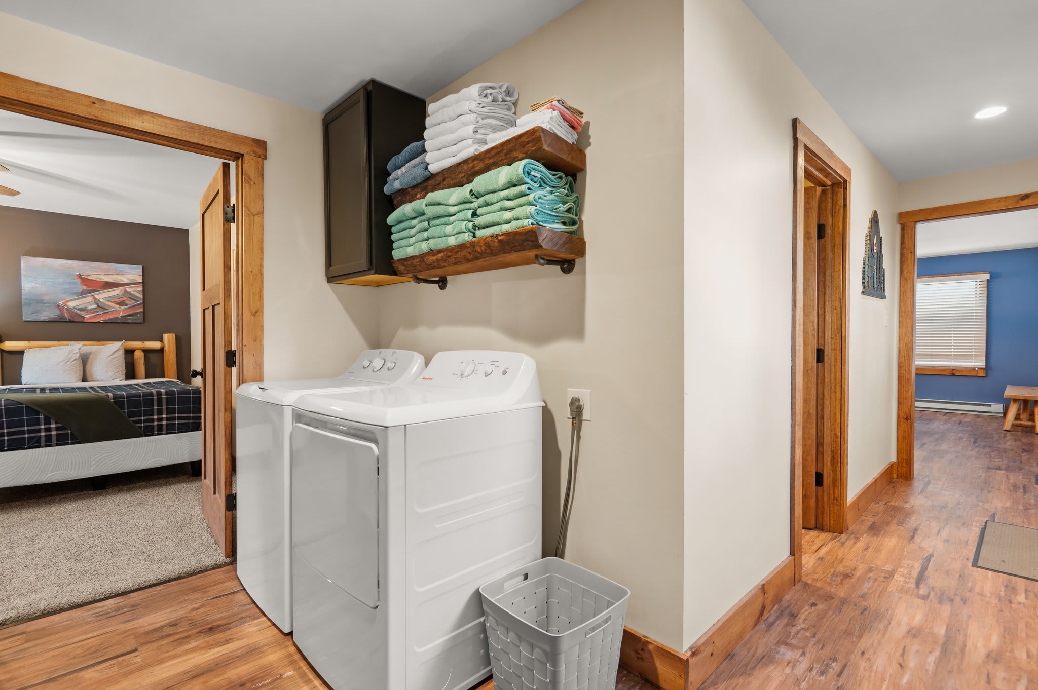 Laundry Made Easy
Full washer and dryer with extra shelving and baskets to keep your stay fresh and organized.