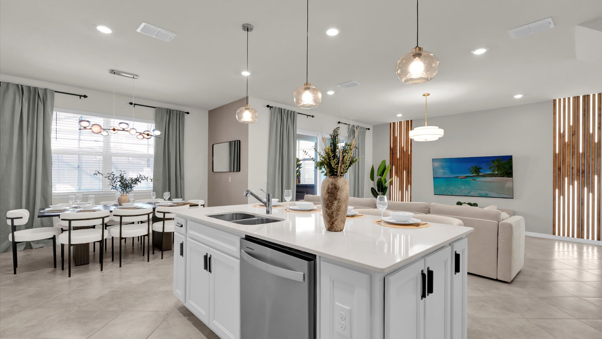 Kitchen Island with hanging ceiling lights