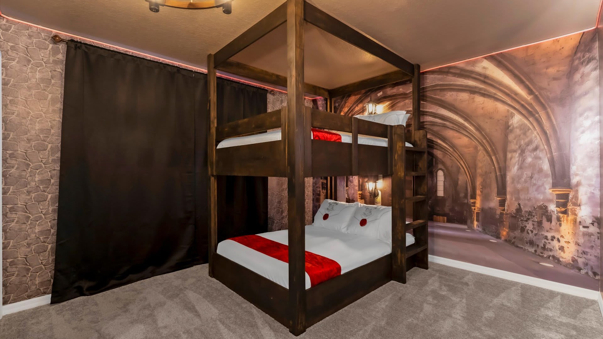 Hogwarts themed bunk bedroom with full beds