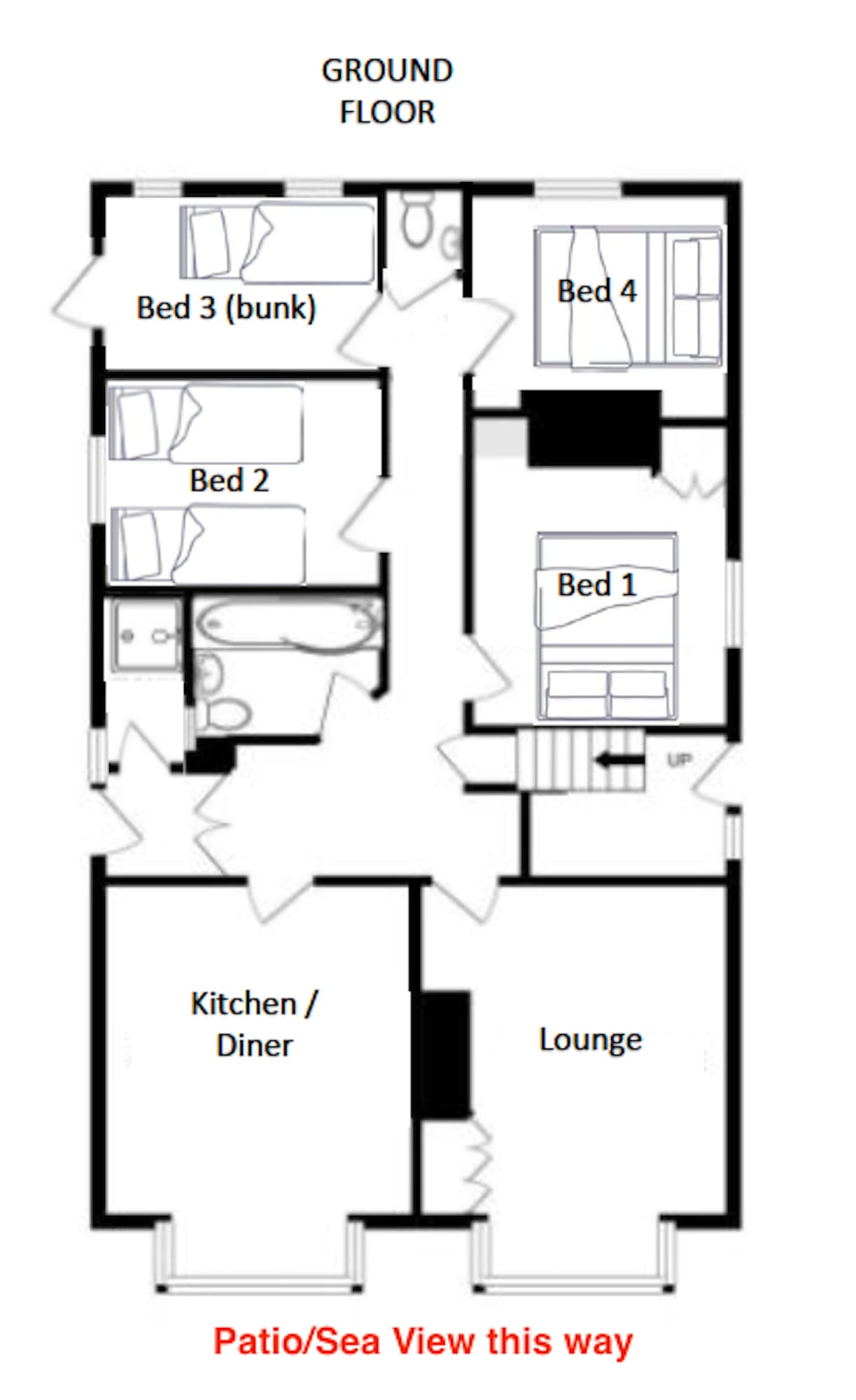 Choose your room :) The patio is off of the lounge/diner and the sea is beyond