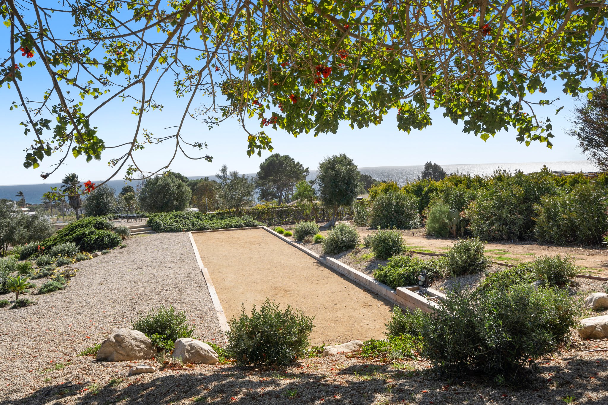 A regulation-sized bocce court with sweeping Malibu views.