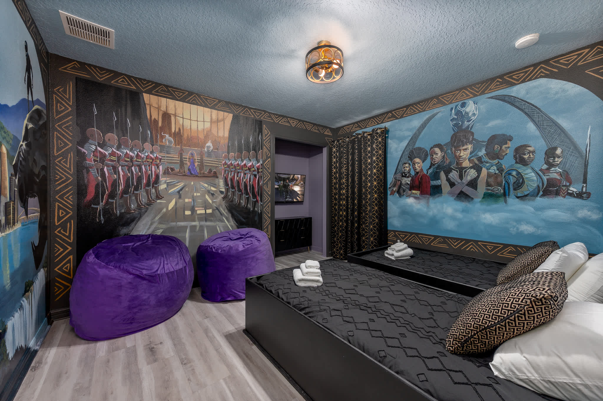 Experience the majesty of Wakanda. Our themed bedroom offers a unique and immersive stay.