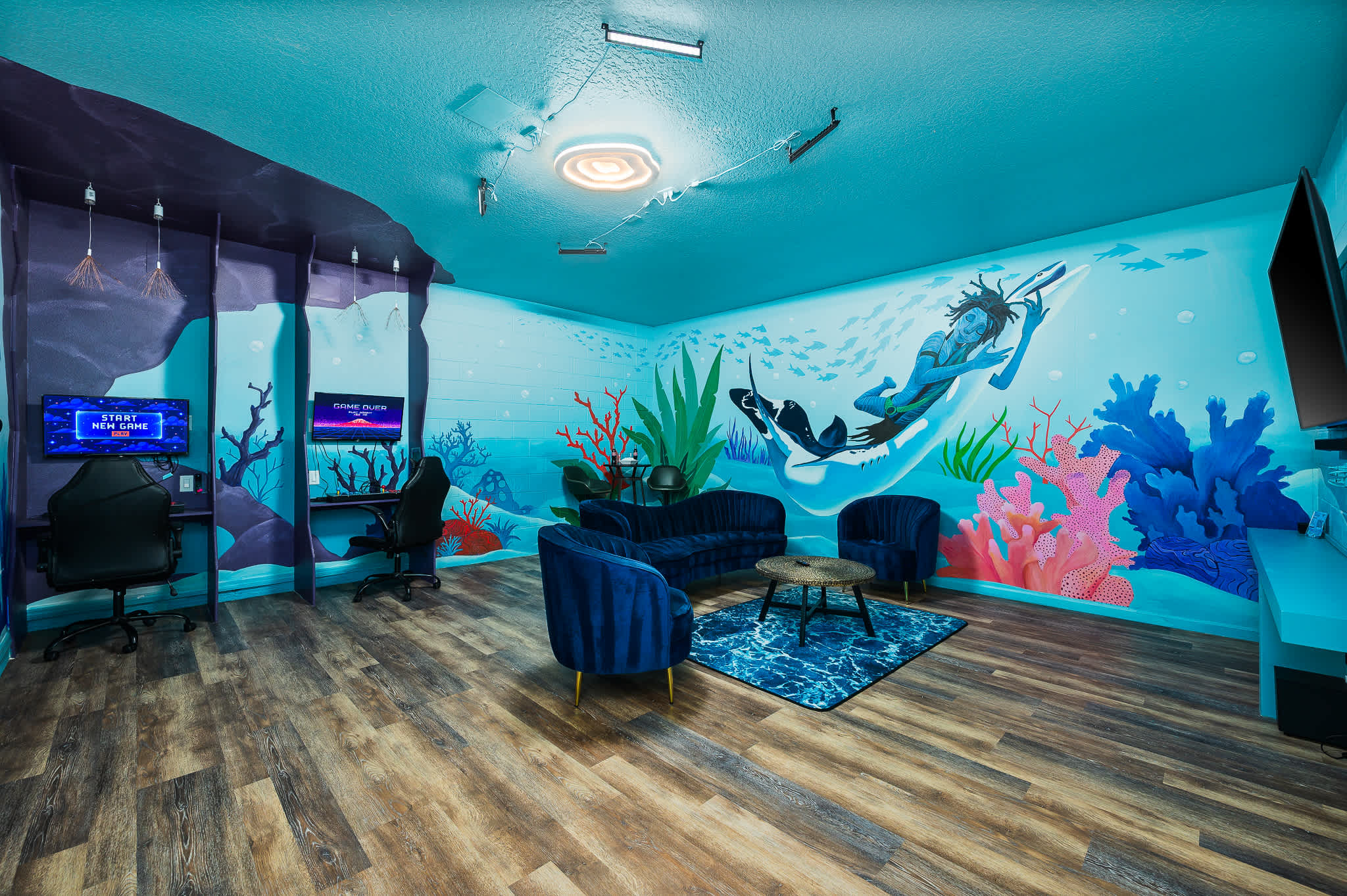 Experience the best of both worlds! Our space combines a gaming area with a comfortable living space, perfect for entertainment and family fun.