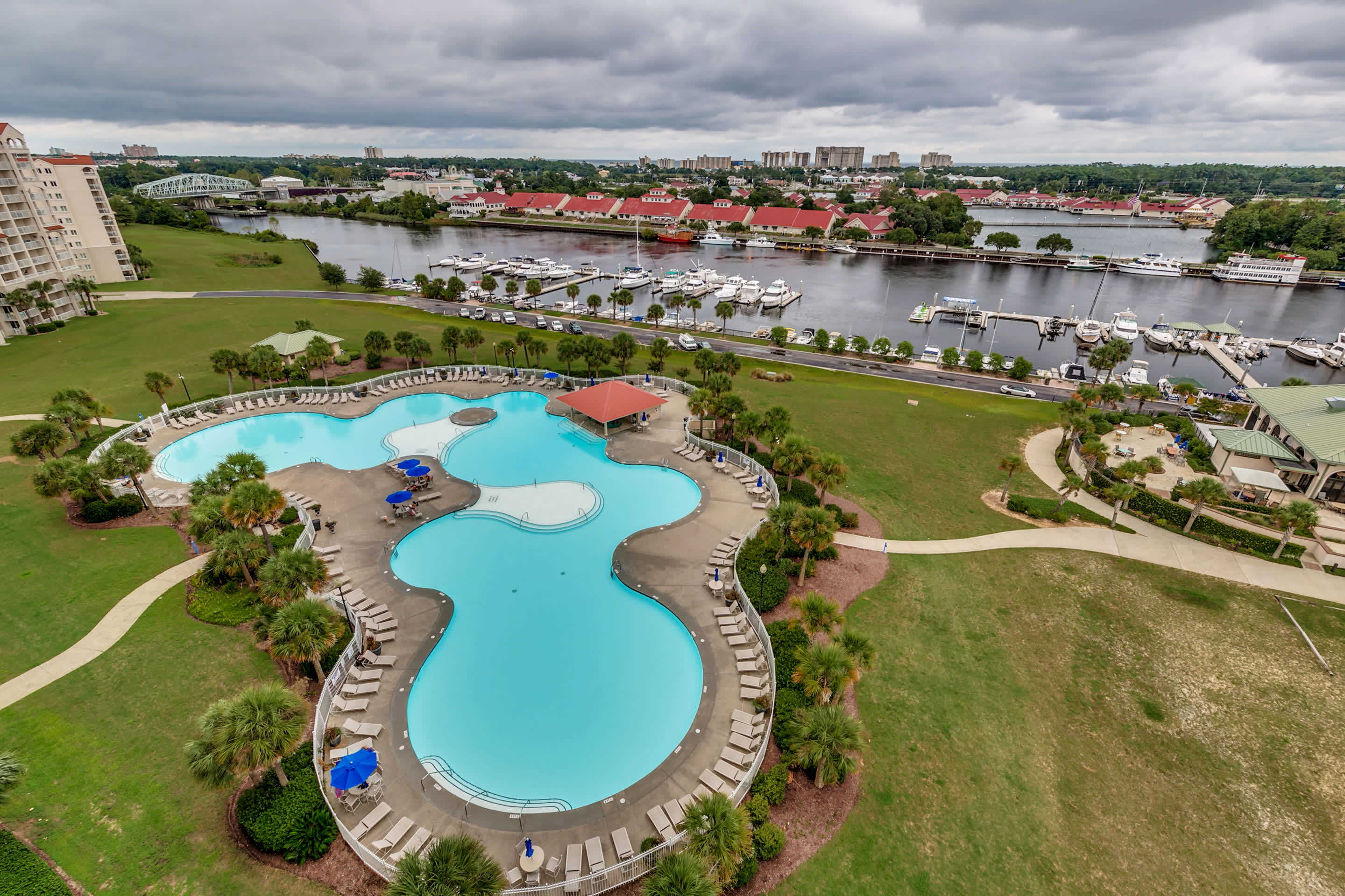Aerial of North Tower Waterfront Pool and Hot Tub
