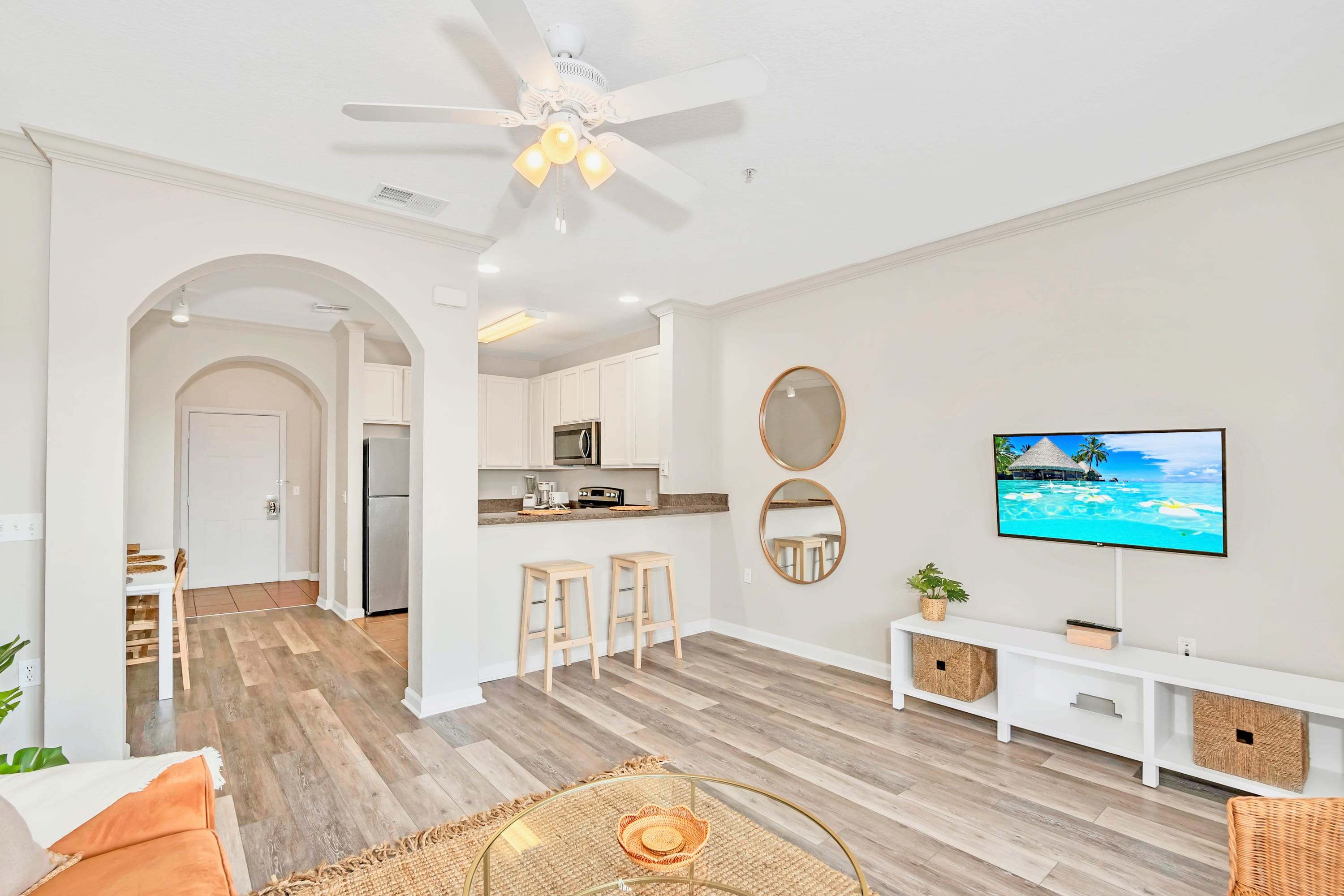 Open-layout living area with smart TV