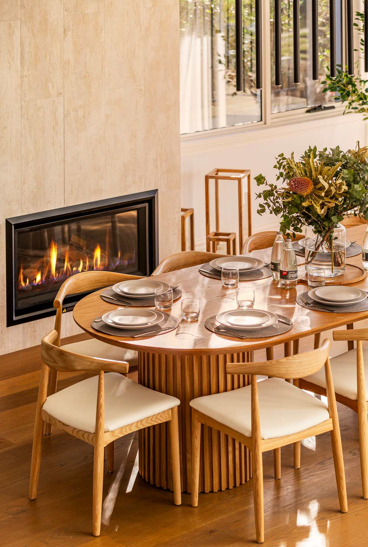 Dining area by the fireplace