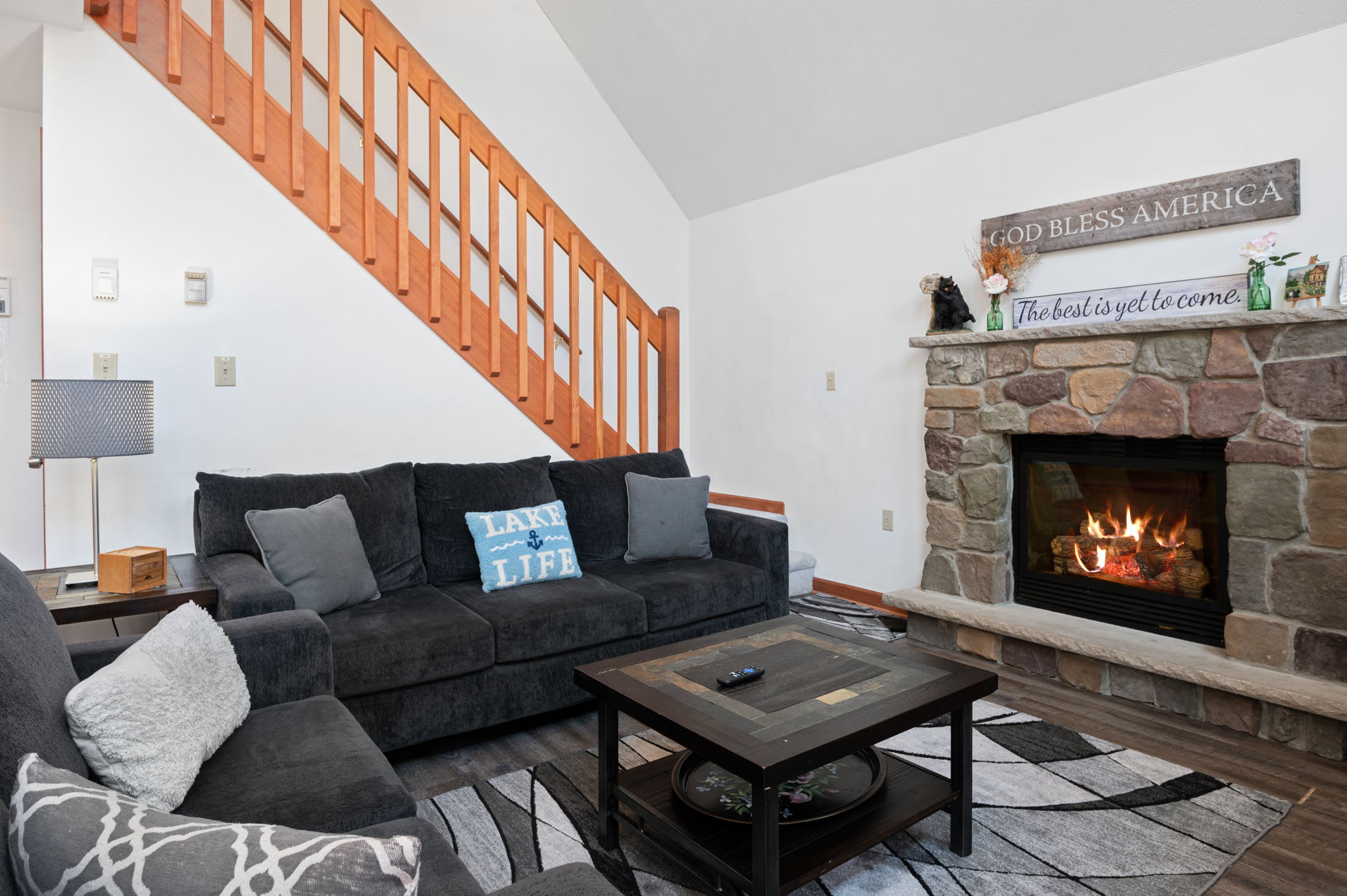 Sink into the comfortable sectional sofa for a movie night by the fireplace