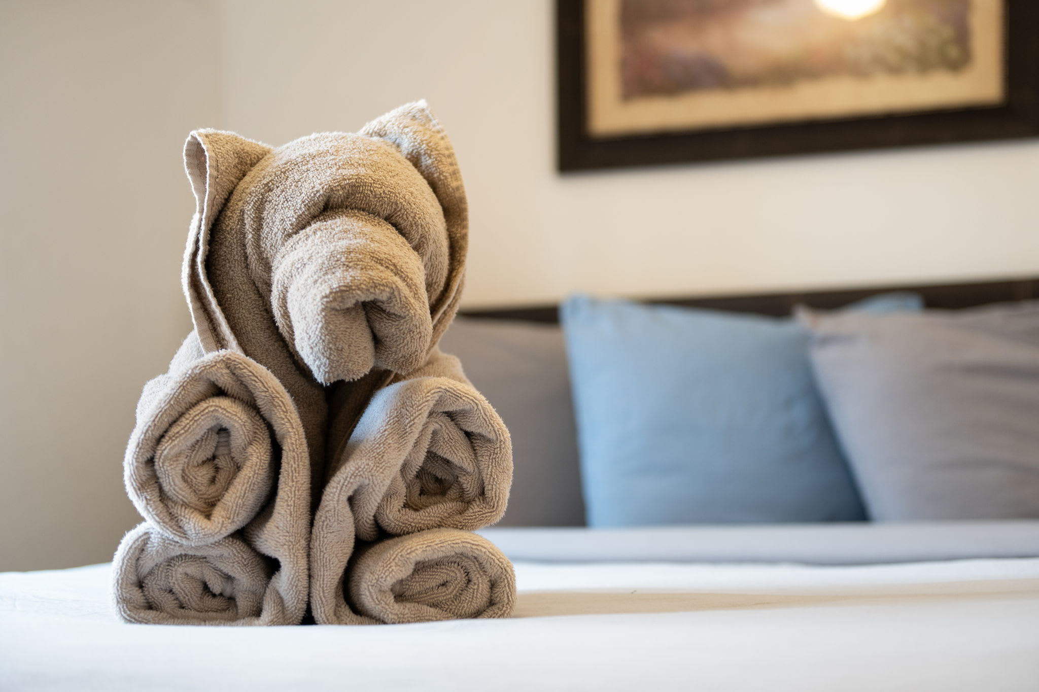 Fresh towels await you in this thoughtfully prepared queen bedroom getaway
