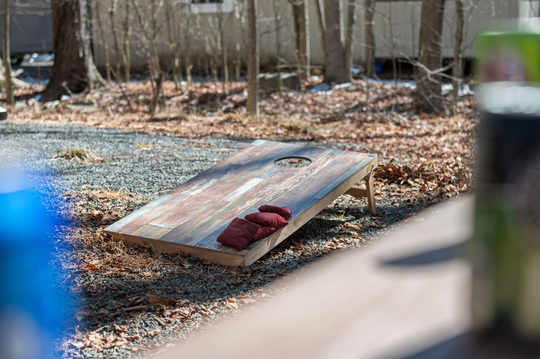 Challenge friends to a game of cornhole on the spacious outdoor deck