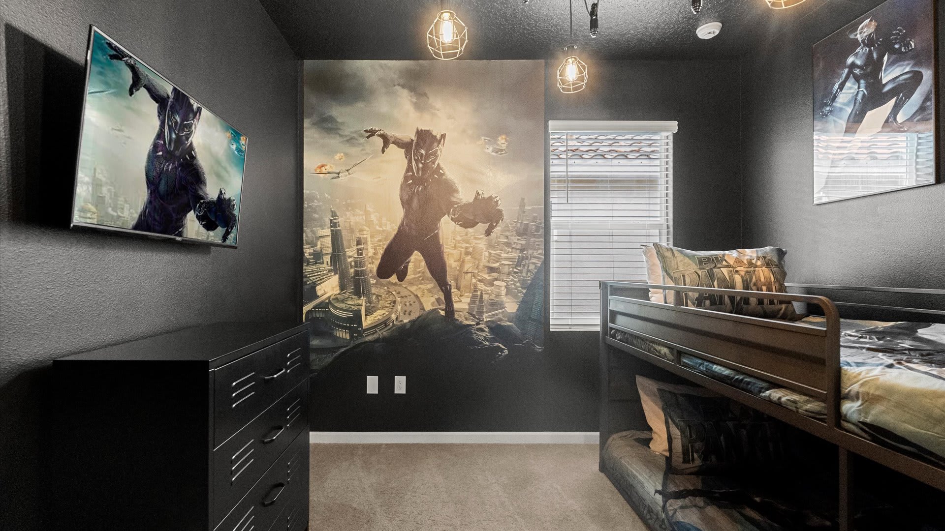 Black Panther themed kids bunk bedroom with smart TV