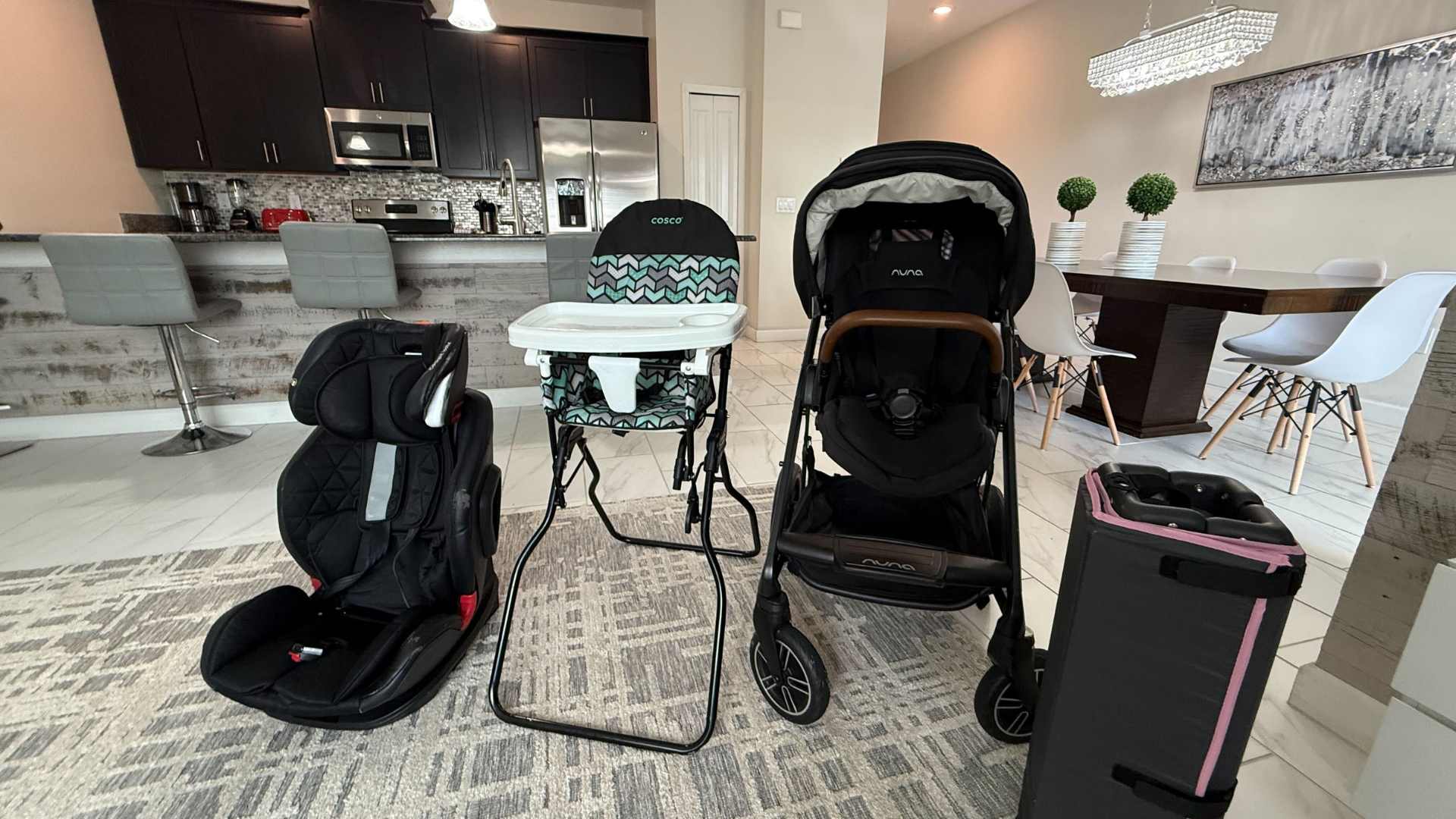 High chair, pack'n play, car seat, and stroller