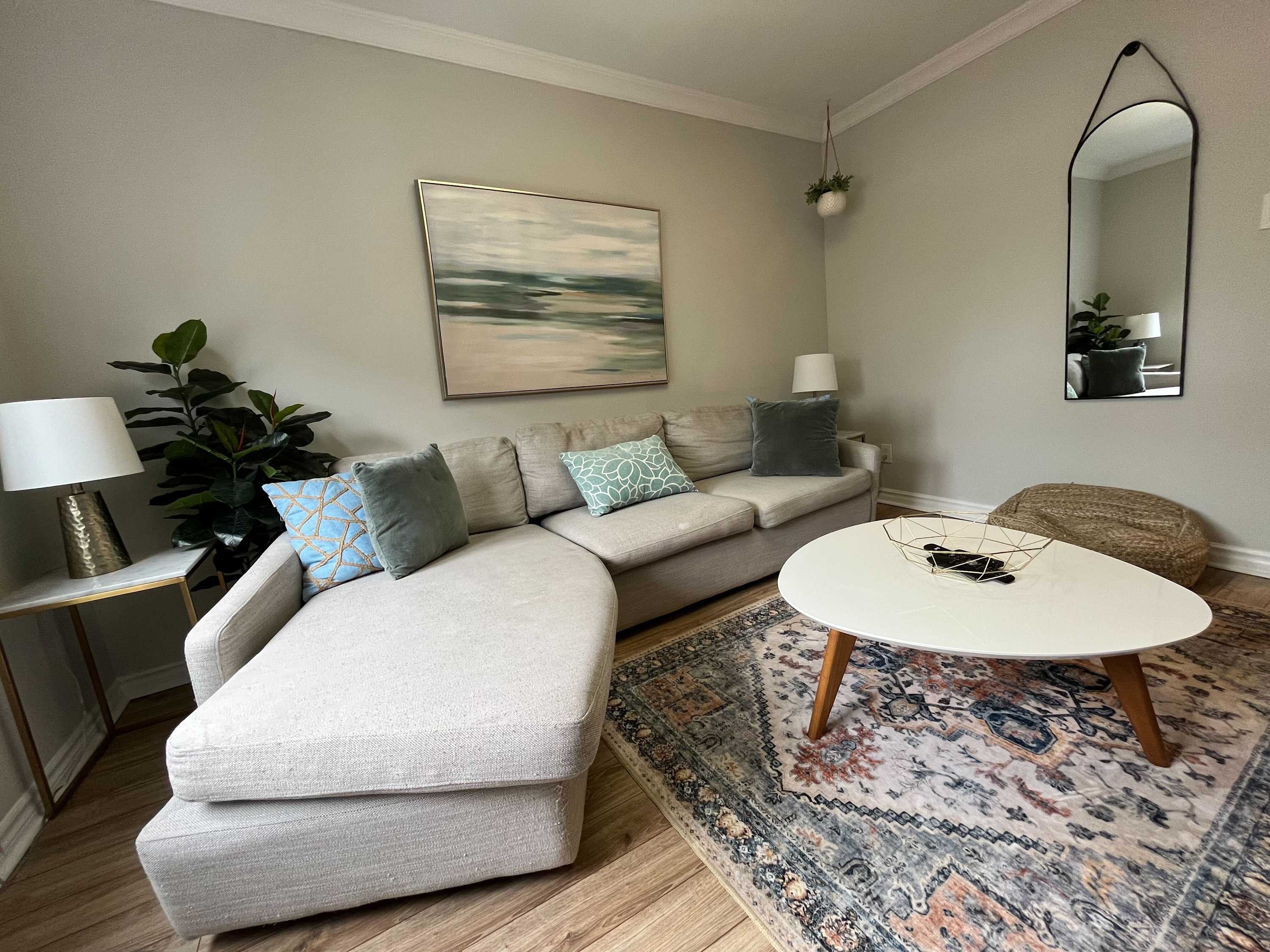 Modern living room with full mirror 