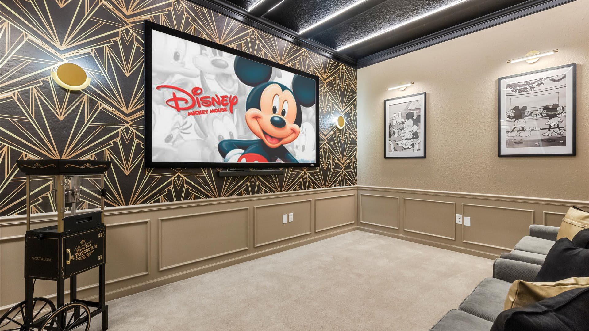 Mickey-Mouse Themed In-Home Cinema with Pop-corn machine
